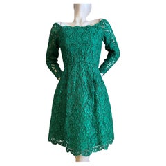 1990s Arnold Scaasi Emerald Green Embroidered Lace Off-Shoulder Cocktail Dress