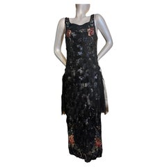 1920s French Black Sequin & Beaded Flapper Tabbard-Style Gown w Floral Motifs