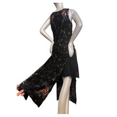 1920s French Black Sequin & Beaded Flapper Tabbard-Style Gown w Floral Motifs