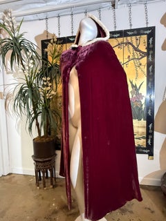 1930s Panne Silk Velvet Hooded Cape w Fur Trim In Vivid Garnet Red
