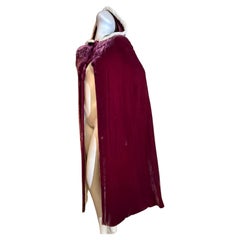 1930s Panne Silk Velvet Hooded Cape w Fur Trim In Vivid Garnet Red