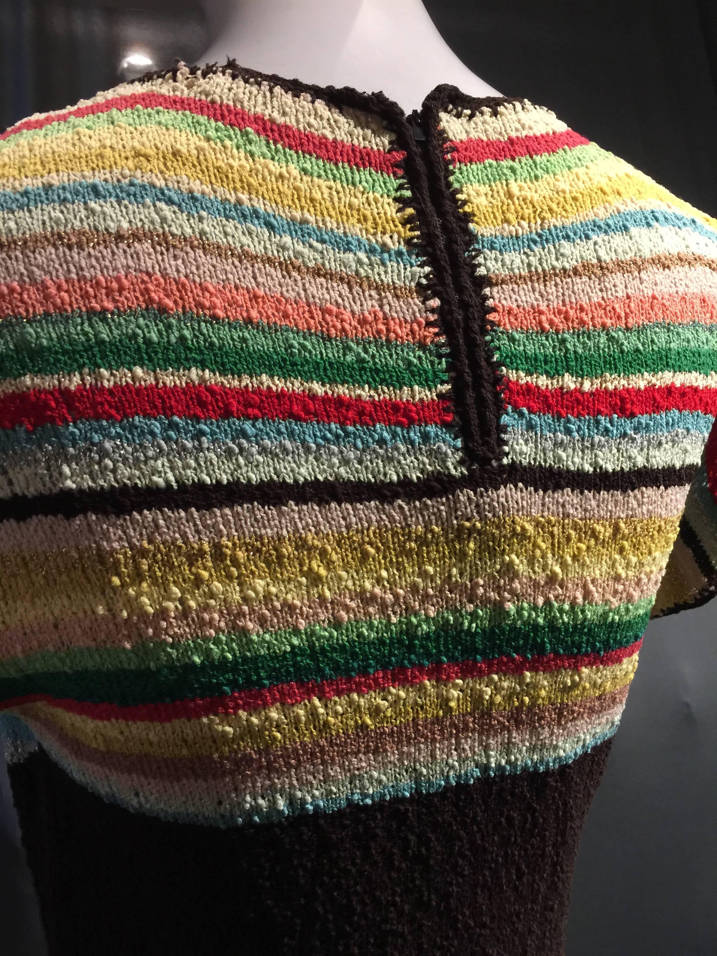 1940s Multi-Color Stripe Boucle Knit Dress with Coordinating Knit Purse In Excellent Condition In Gresham, OR