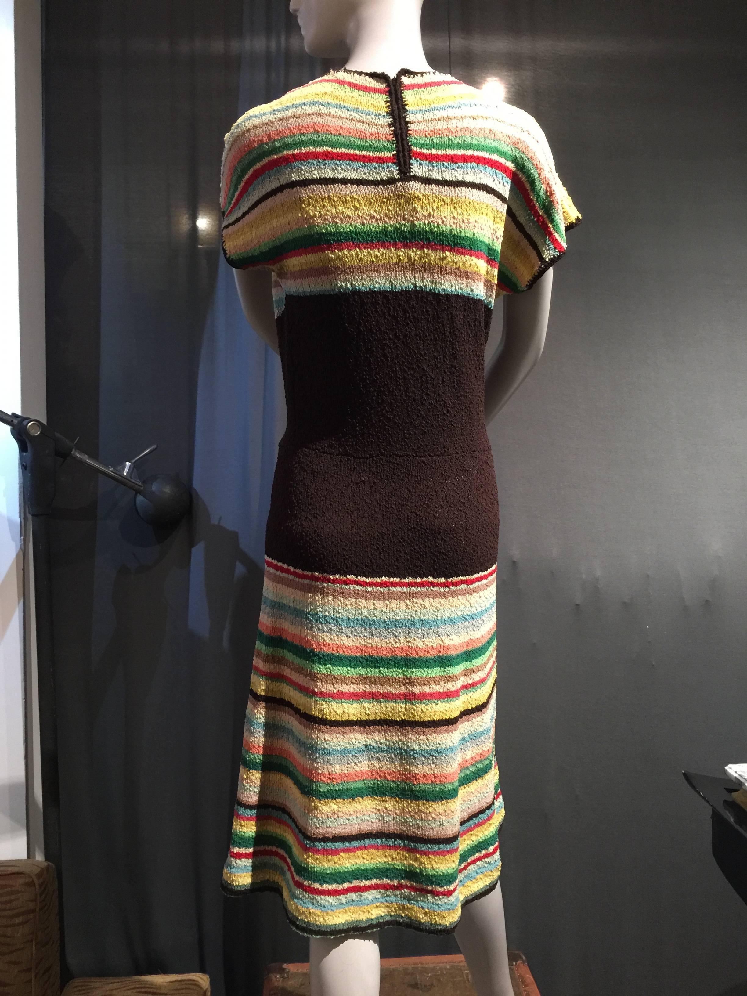 1940s Multi-Color Stripe Boucle Knit Dress with Coordinating Knit Purse 1