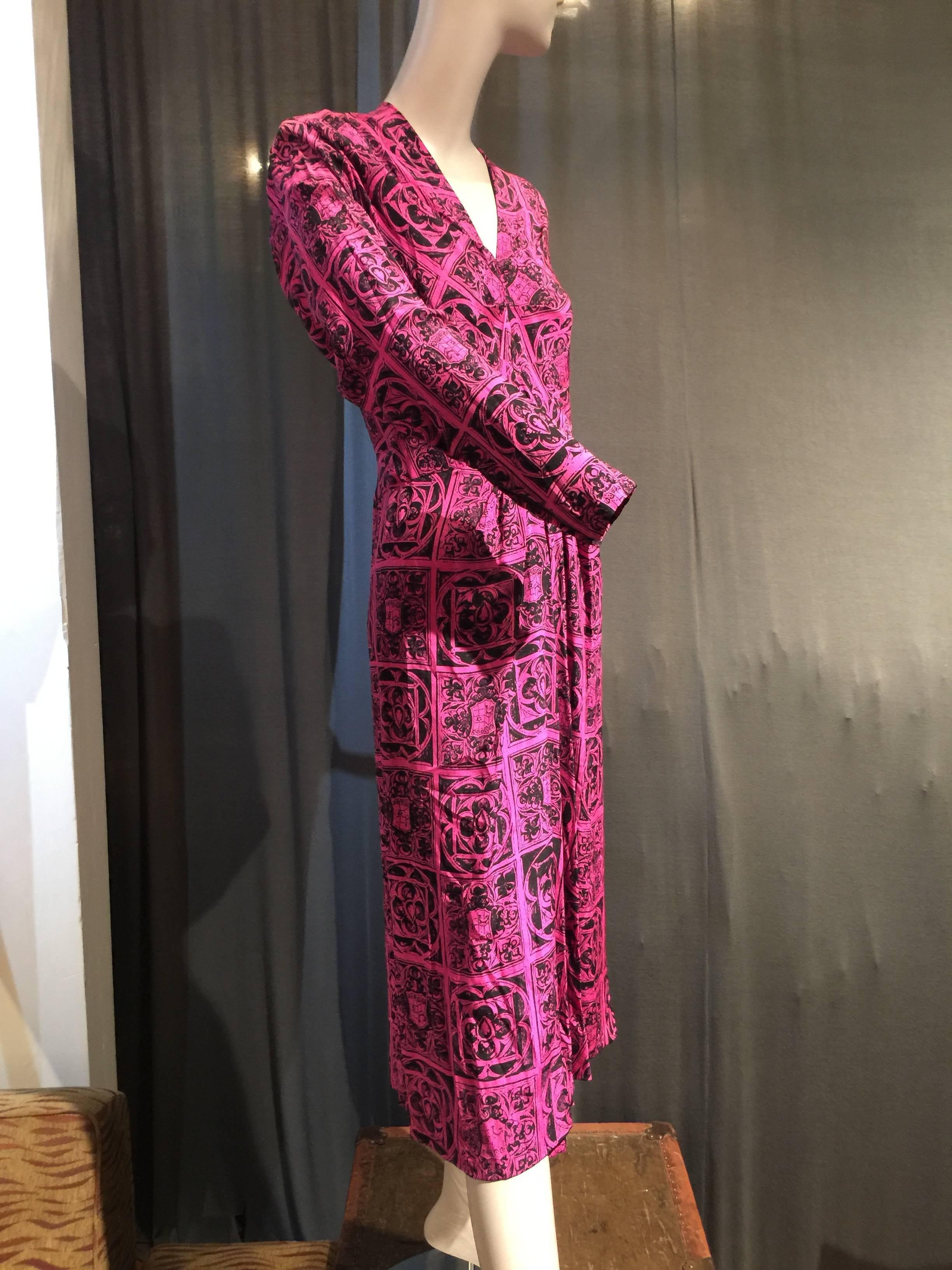 Pink 1940s Adrian Magenta and Black Print Dress w Front Slit Diamond Inset and Gather For Sale