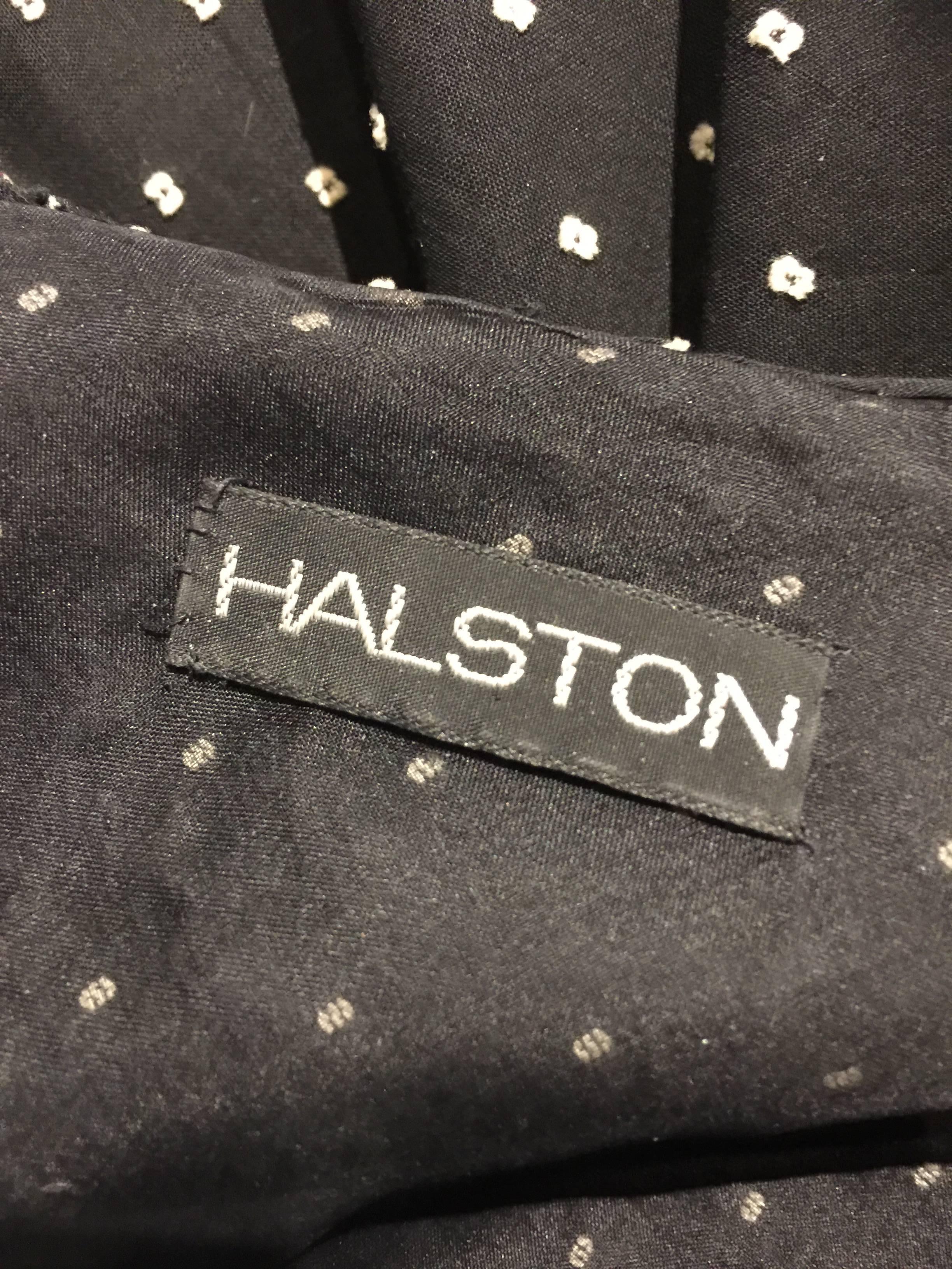 Women's 1970s Halston Cotton Voile Woven Dot Wrap-Around Wrap Maxi Dress w Ruffle