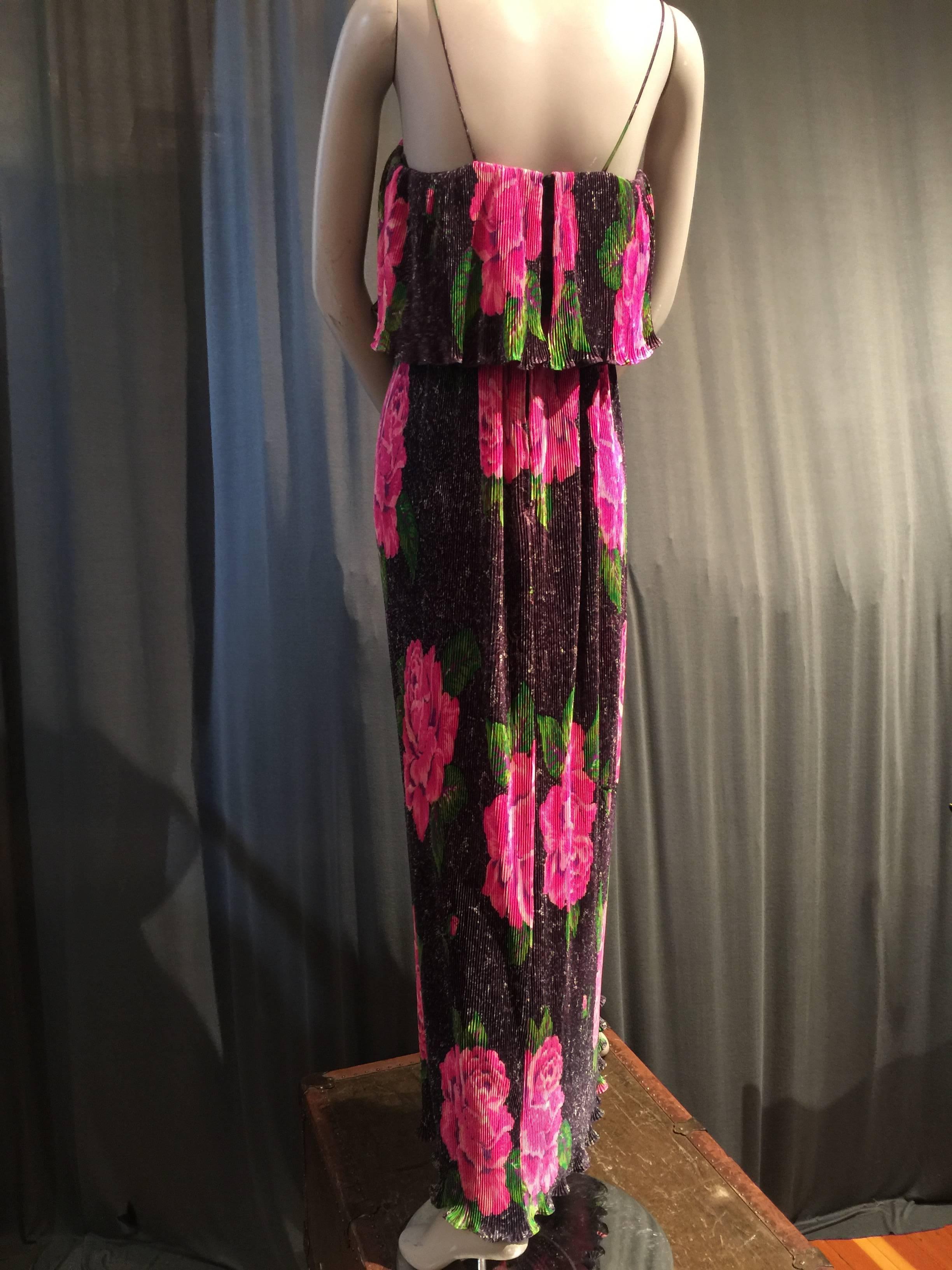1970s Bonwit Teller Accordion Pleated Rose Print Maxi with Tiered Ruffle Bodice In Excellent Condition In Gresham, OR