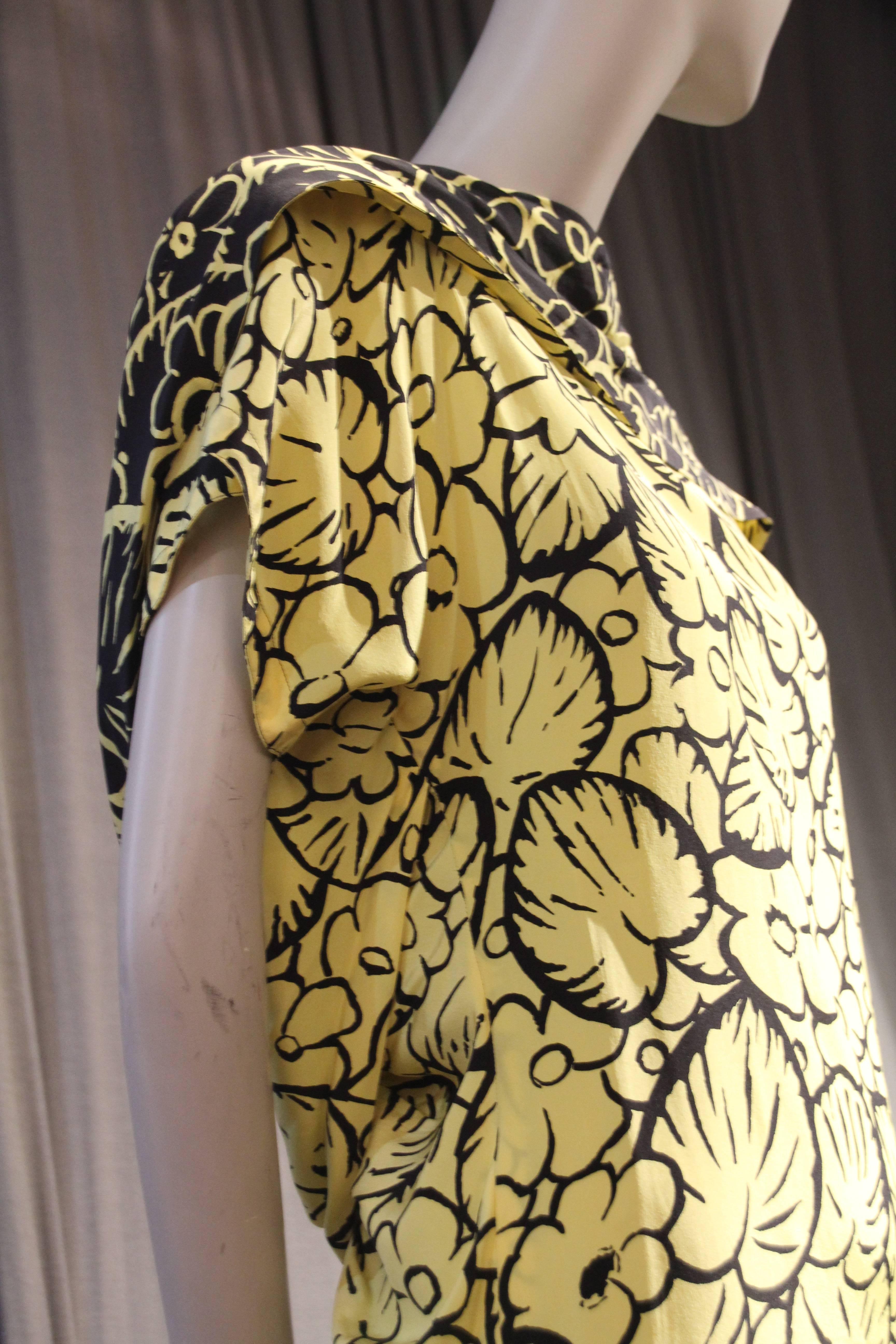 1980s Gianni Versace Yellow and Black Floral Print Silk Dress w Draped Back  In Excellent Condition For Sale In Gresham, OR