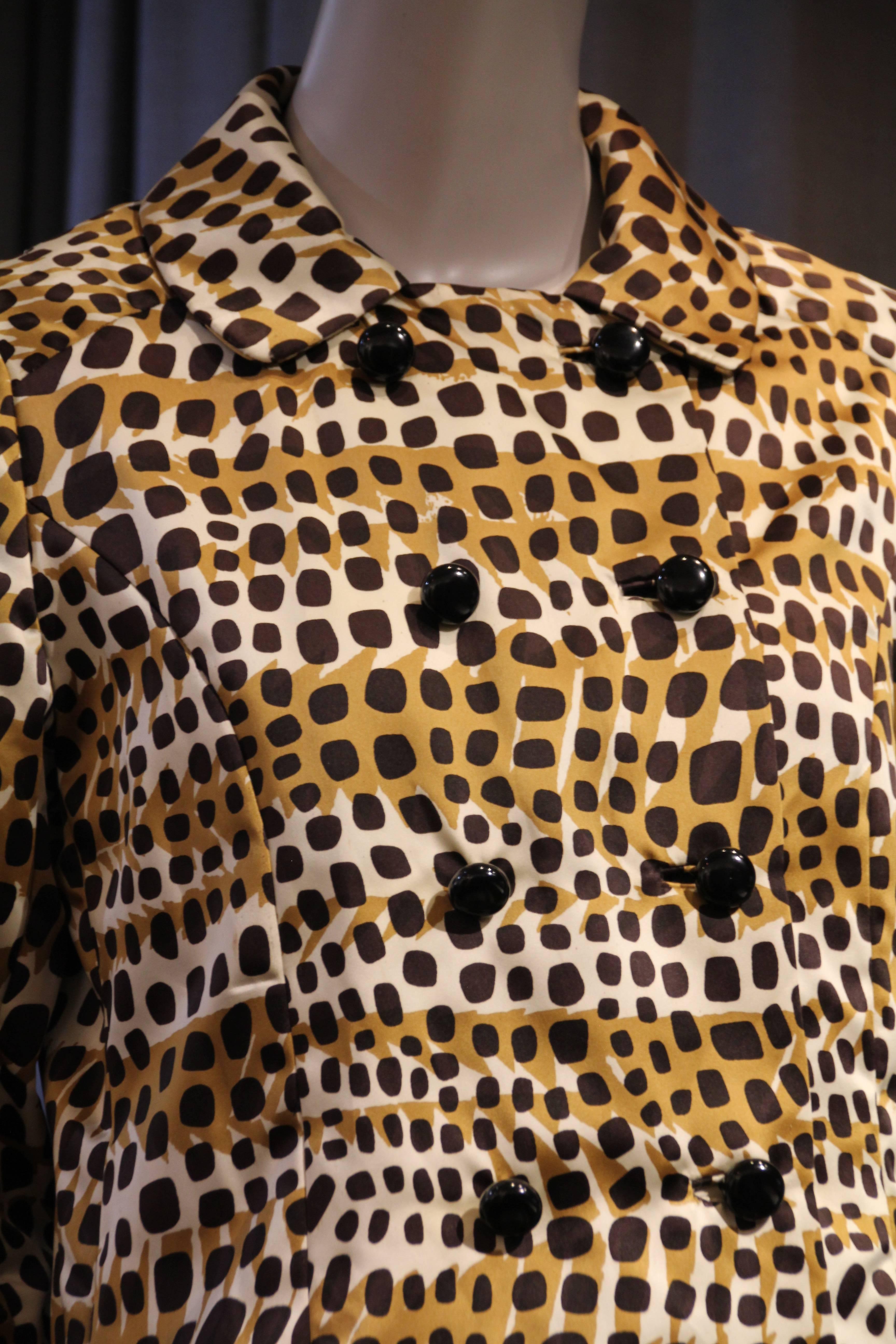 Brown 1960s Jean Louis Leopard Print Silk Satin Double Breasted A-Line Raincoat