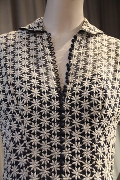 1950s Ceil Chapman Navy and White Flowered Dress w Full Skirt and Puff Sleeves