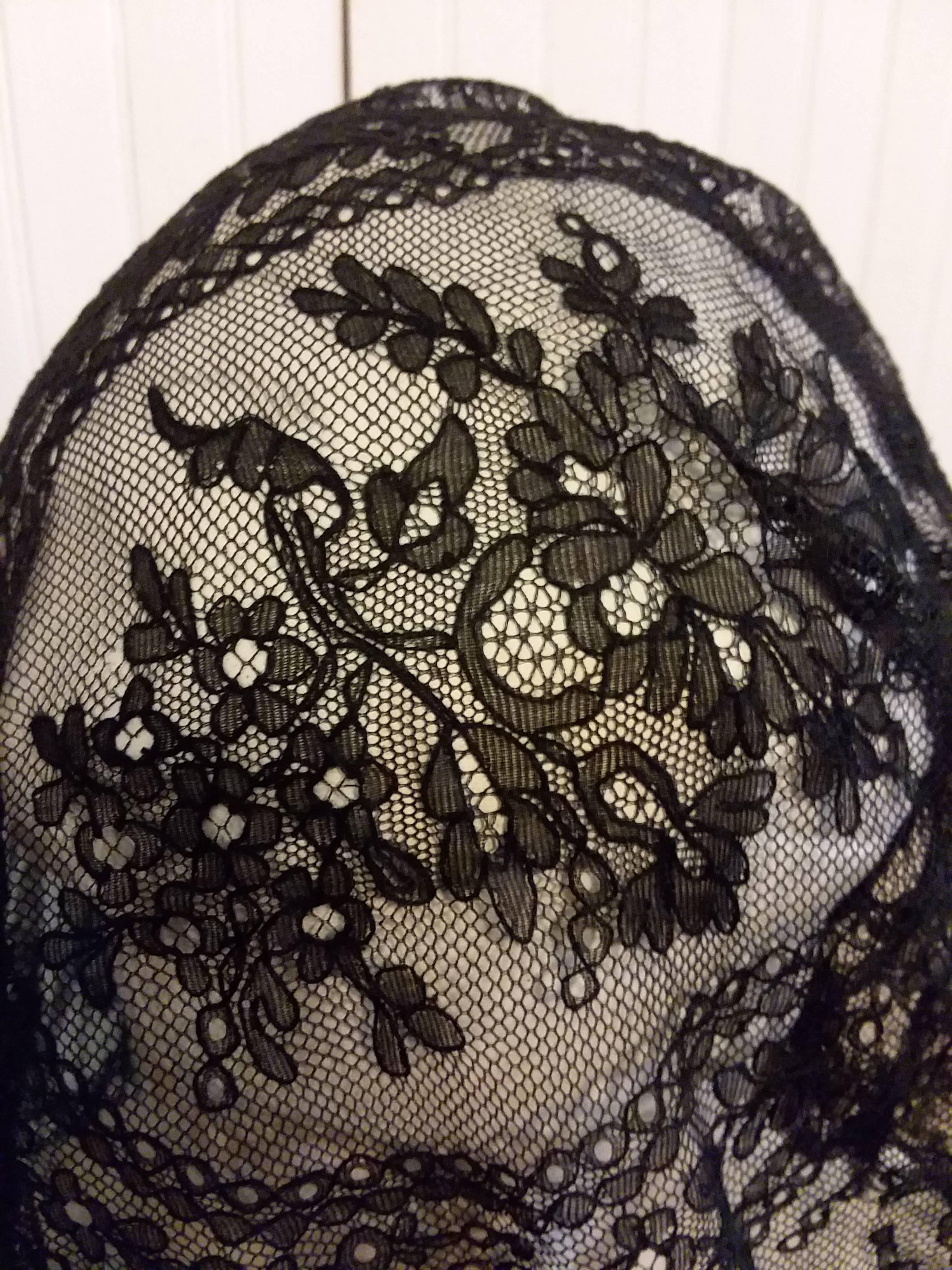 Black Victorian Silk Chantilly Lace Shawl with Gathered Ruffle Tier