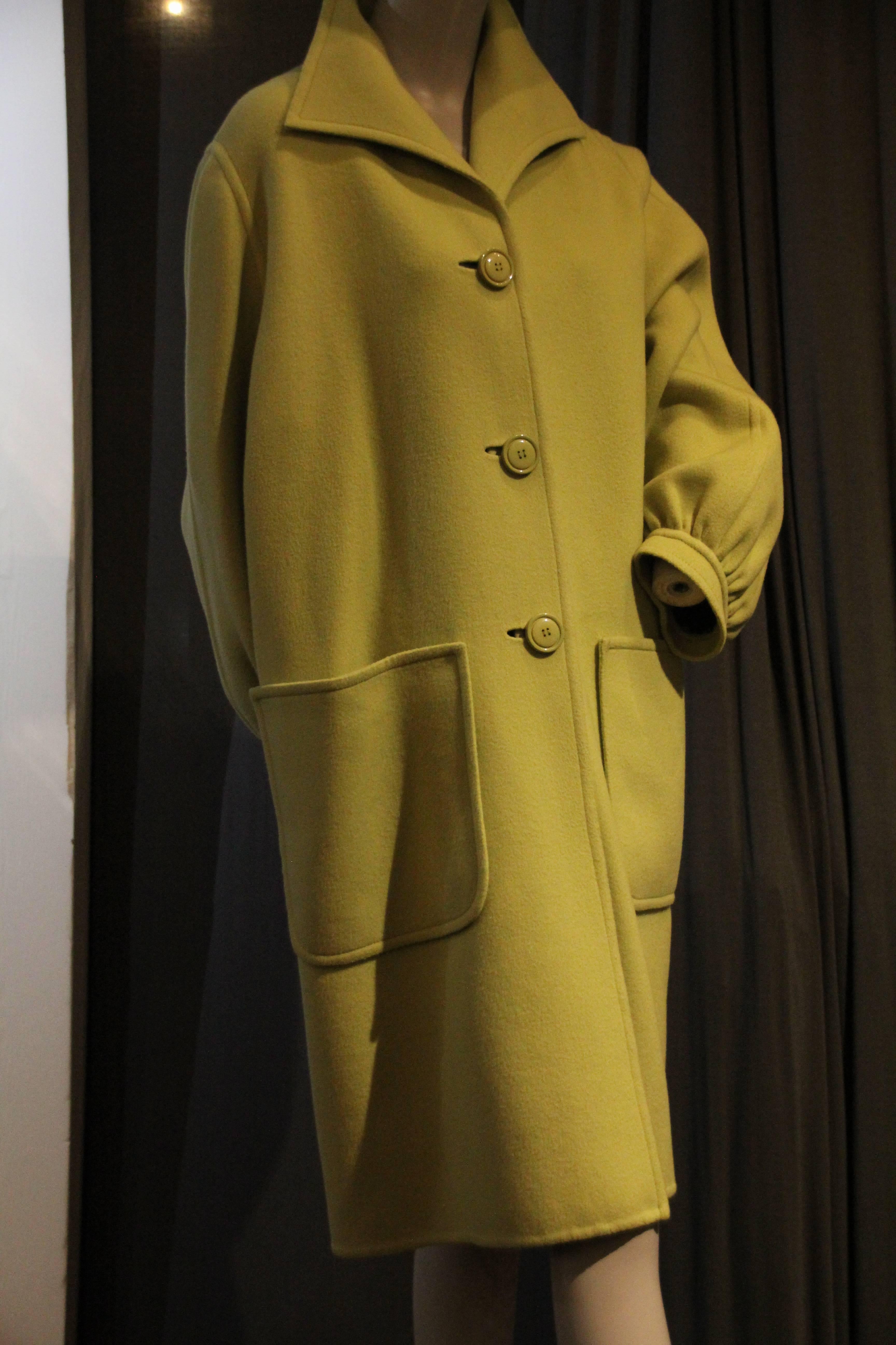 Yellow 1980s Valentino Couture Pistachio Cashmere Swing Coat w Balloon Cuff and Pockets