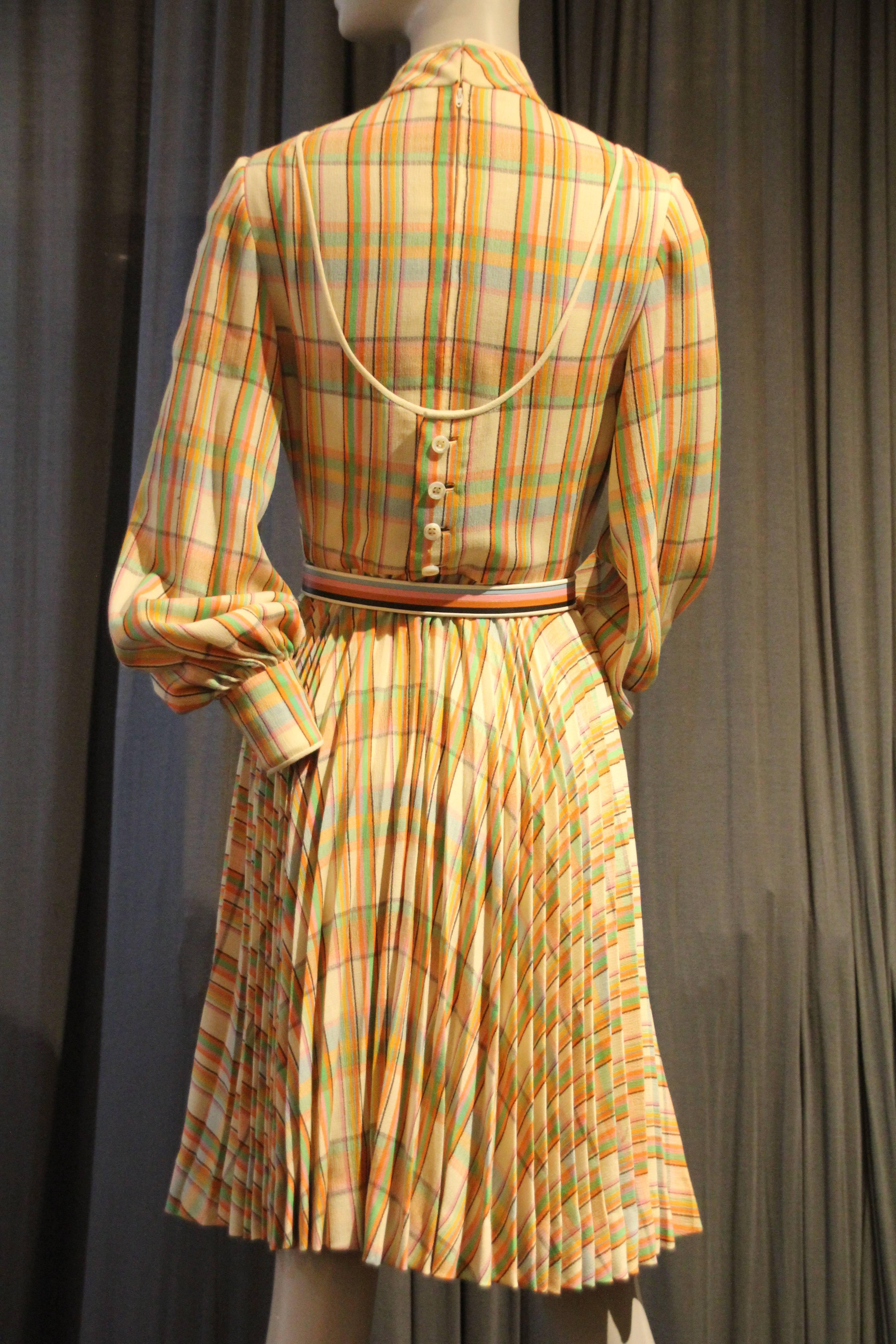 1960s James Galanos Wool Challis Pastel Plaid Dress w Full Bias Pleated Skirt In Excellent Condition In Gresham, OR