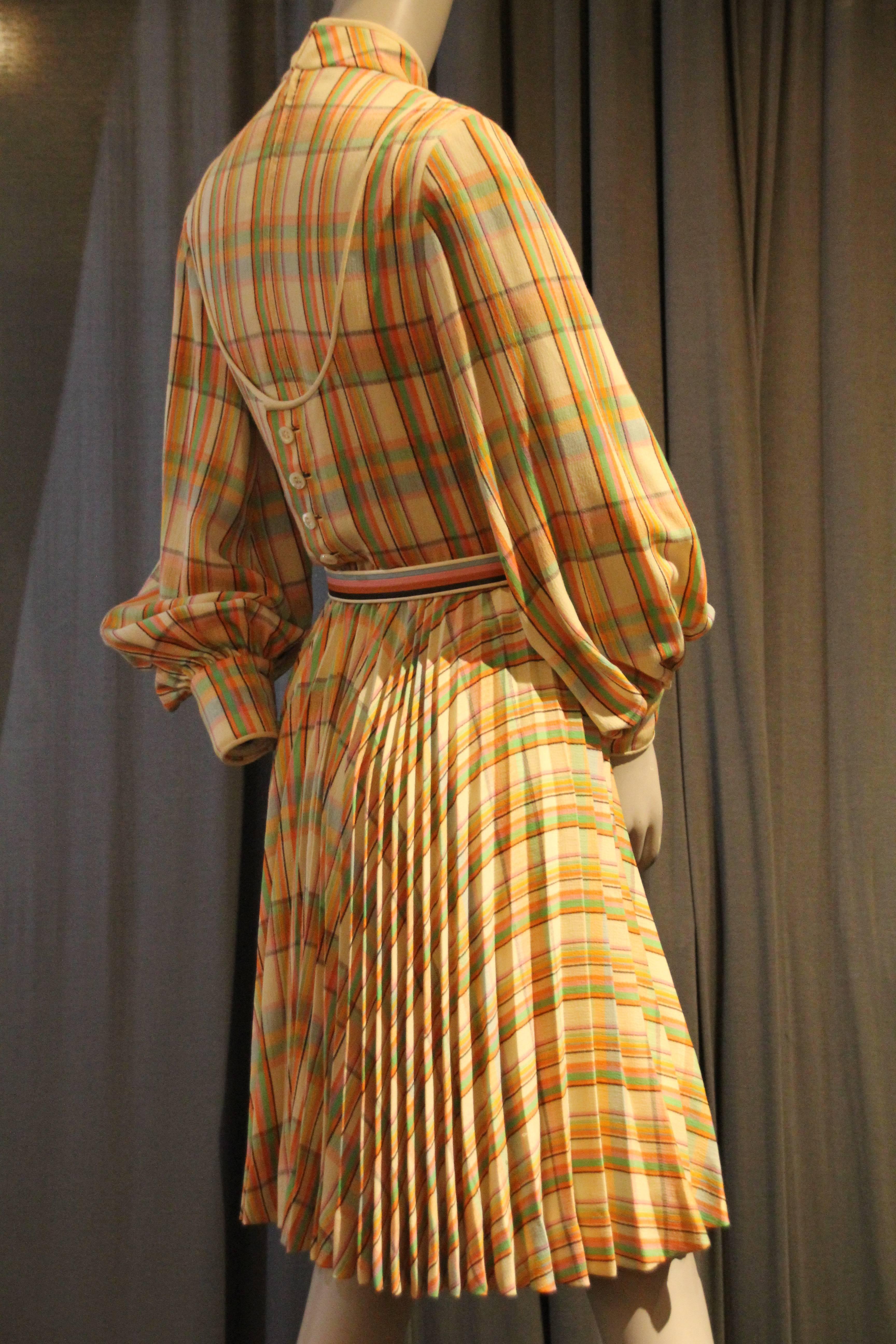 Brown 1960s James Galanos Wool Challis Pastel Plaid Dress w Full Bias Pleated Skirt