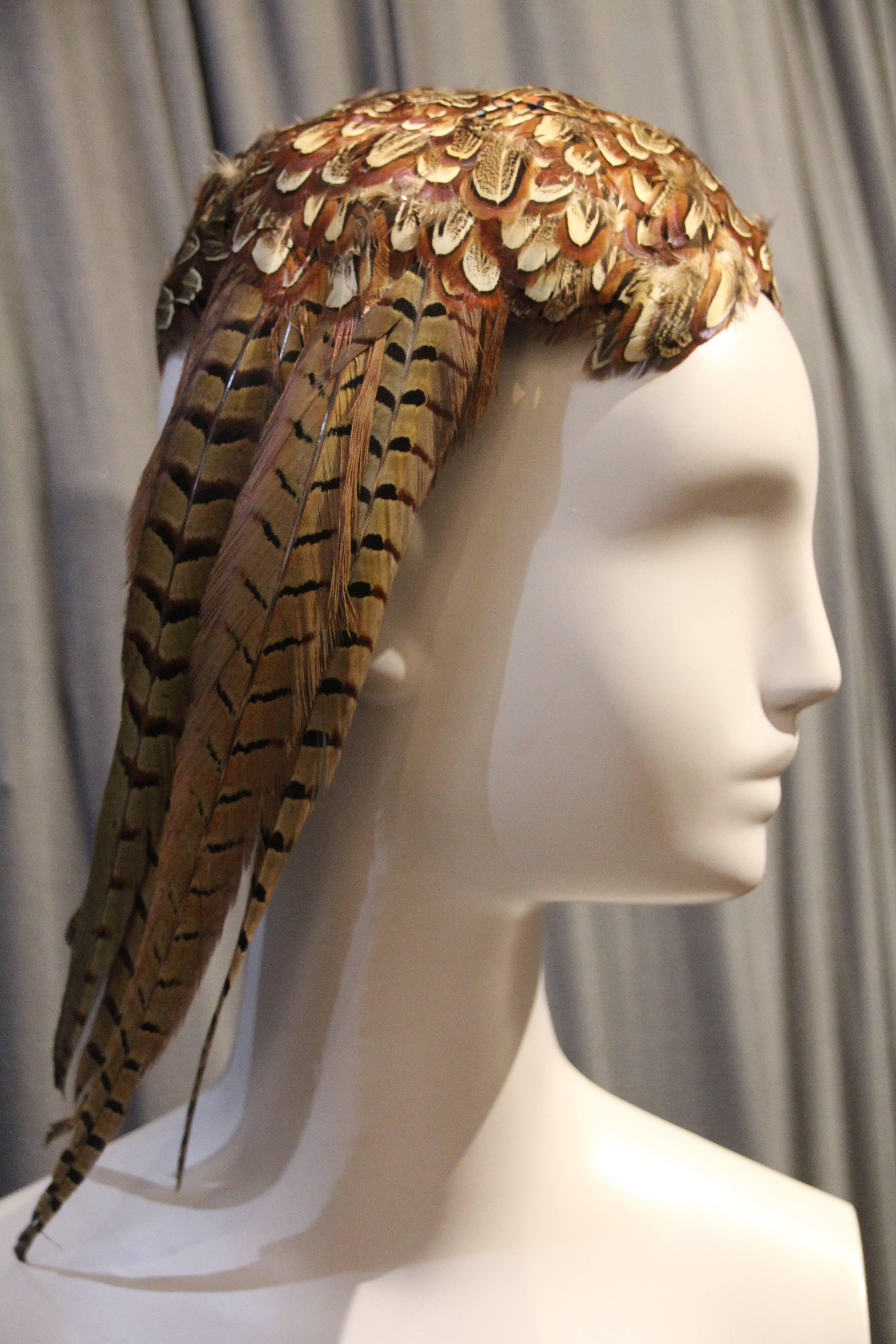 Women's 1980s Stuart Jay Pheasant Feather Hat with Side 