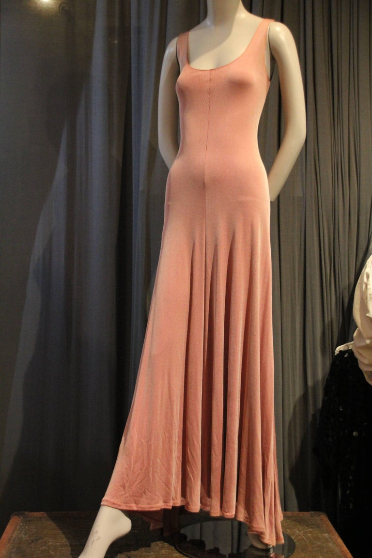 1970s Sexy Stephen Burrows Coral Jersey Maxi Dress