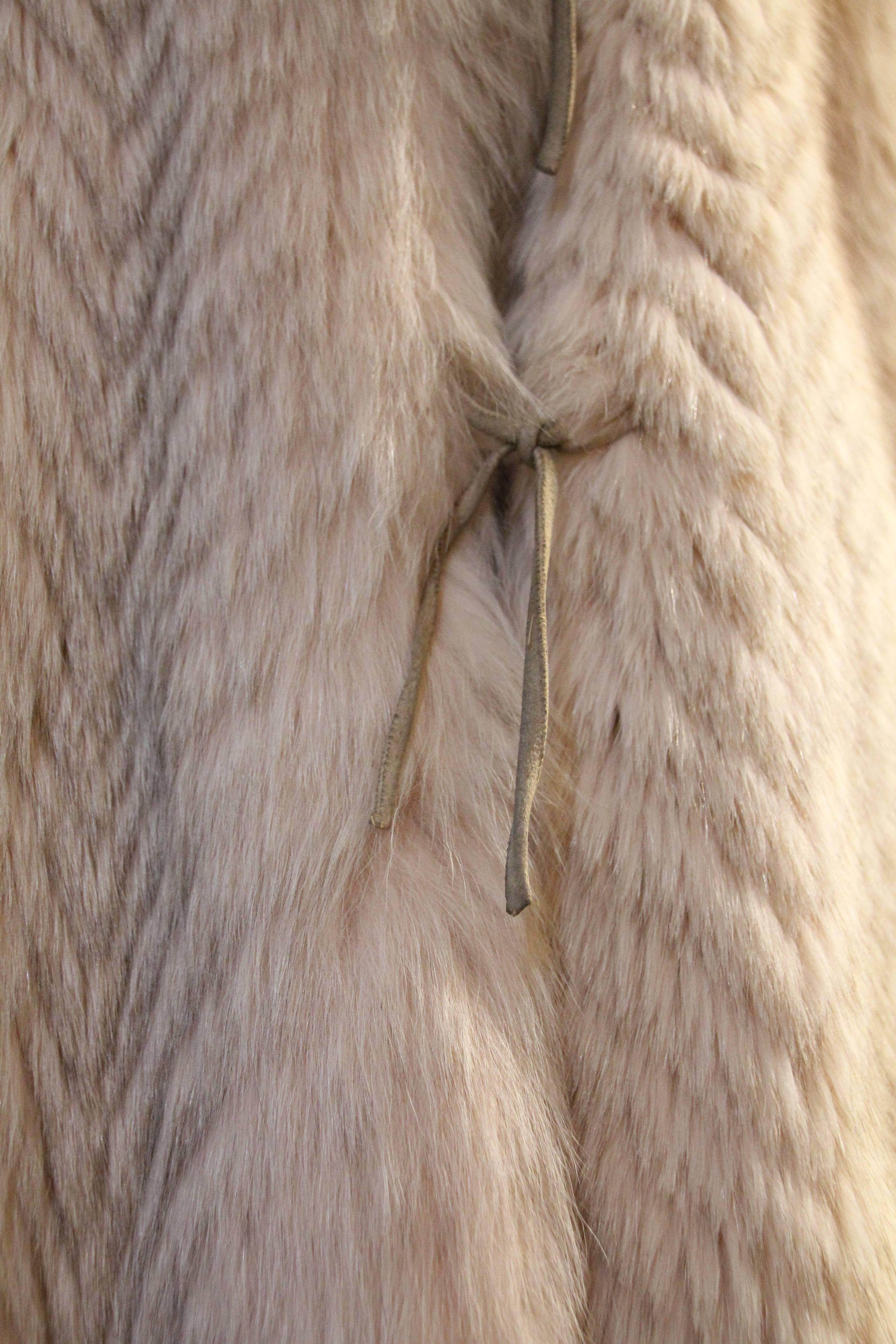 1980s Fendi Chevron Feathered Fox Swing Coat w Lush Collar and Front Tie 1