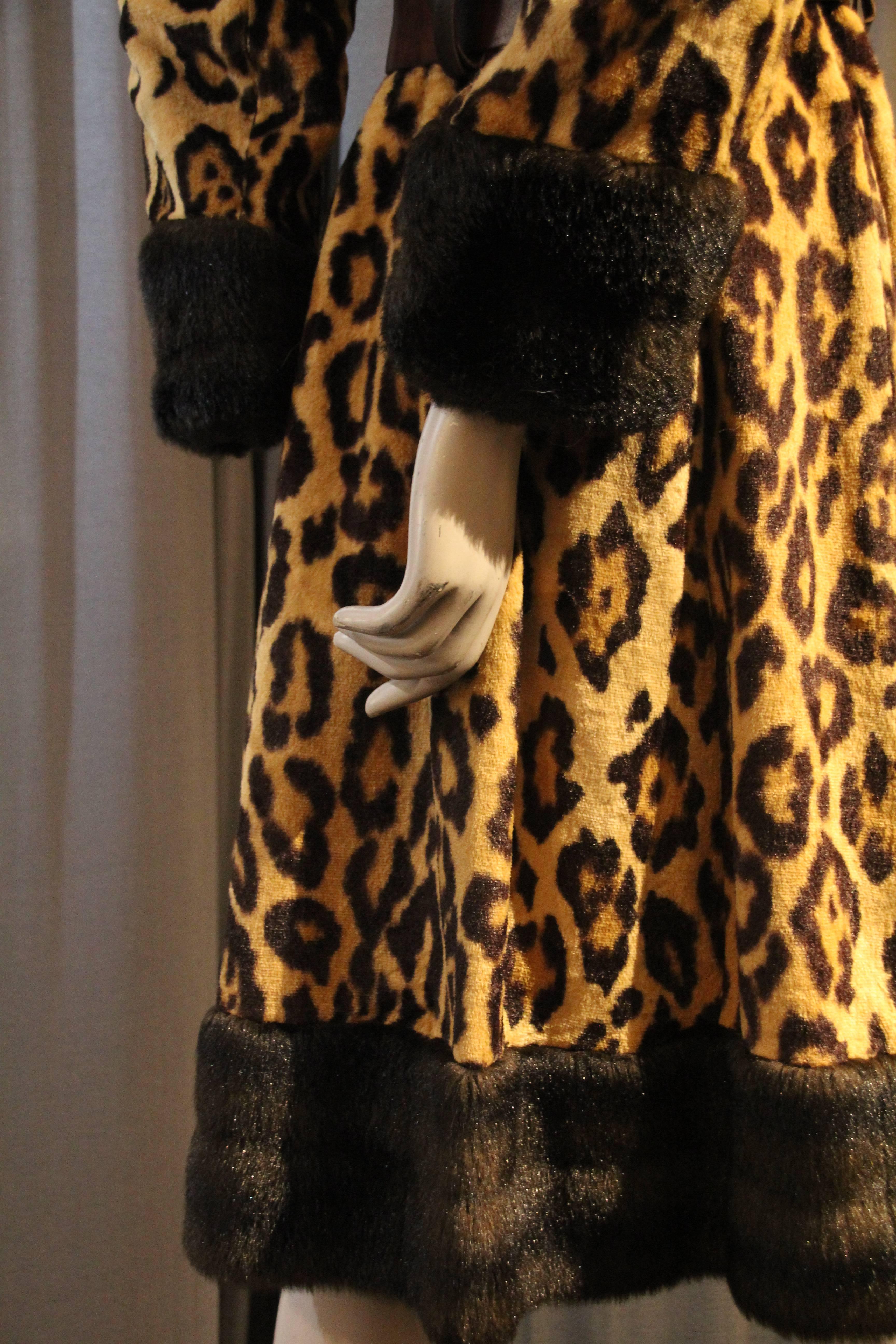 Black 1960s English Carnaby St. Mod Faux-Leopard Fur Coat w Faux Fur Trim 