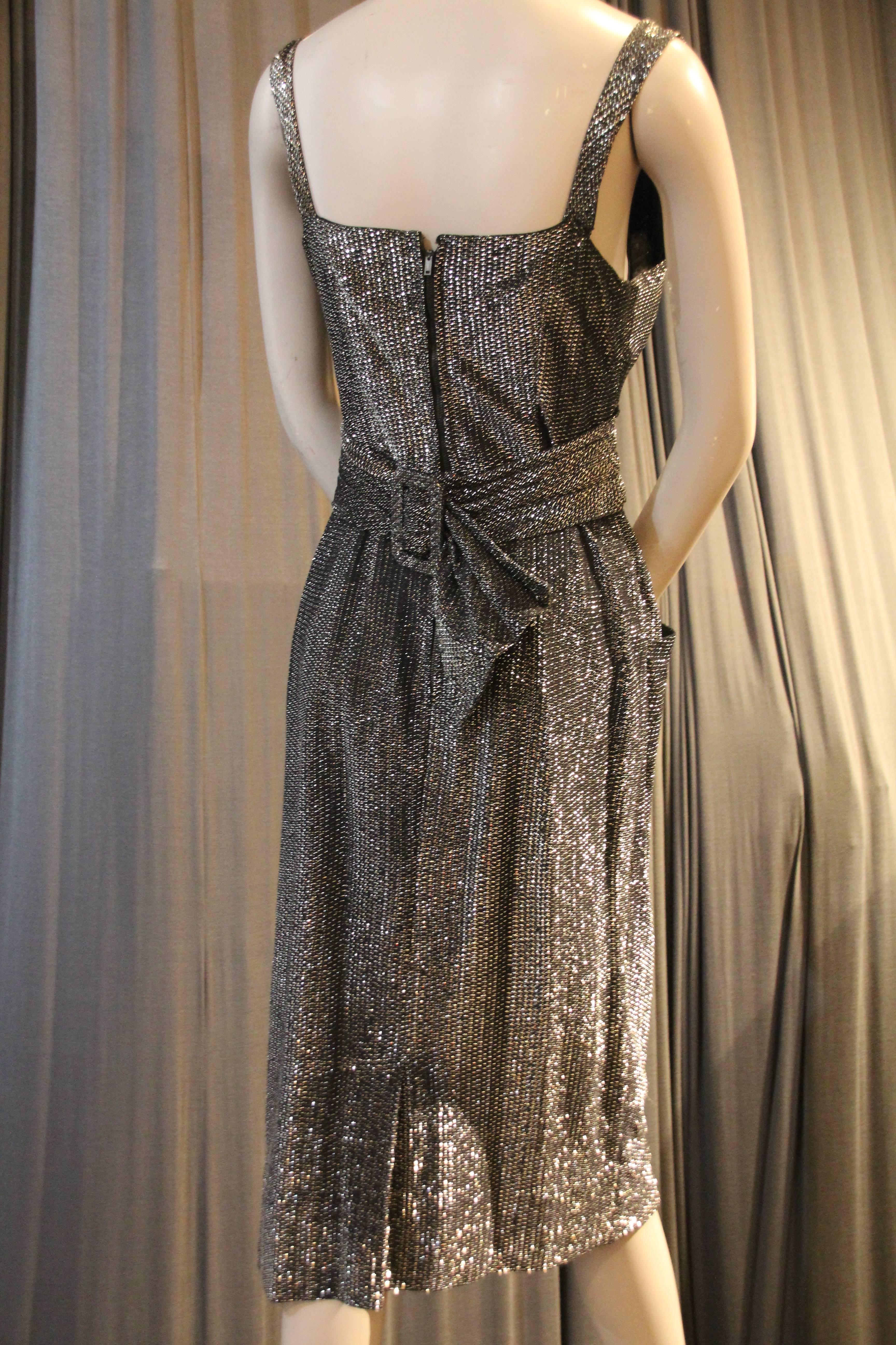 1950s Black and Silver Lurex Cocktail Dress with Back Buckle at Waist 2