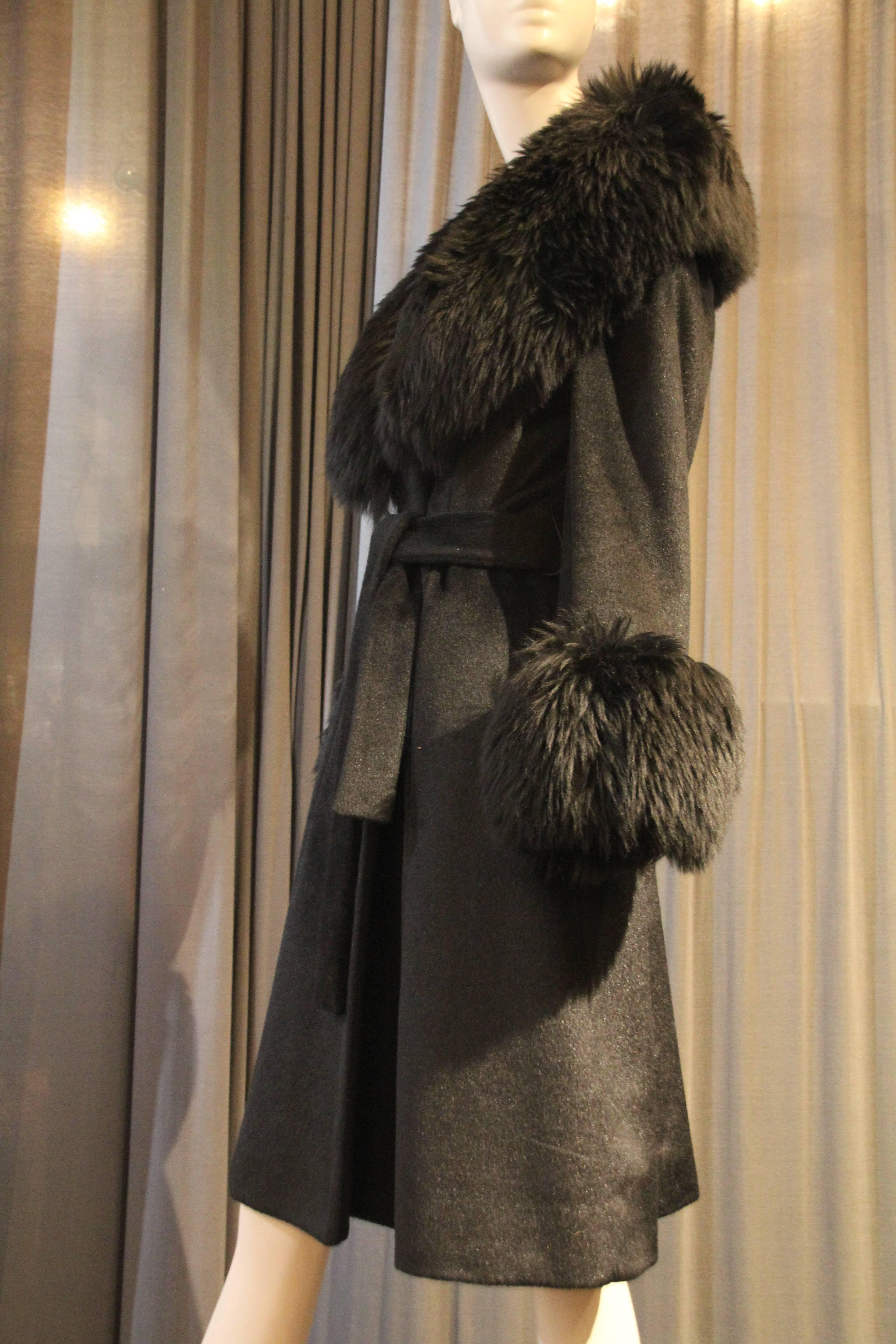 Black 1960s Lilli Ann French Wool Belted Coat w Extravagant Sheepskin Collar and Cuffs