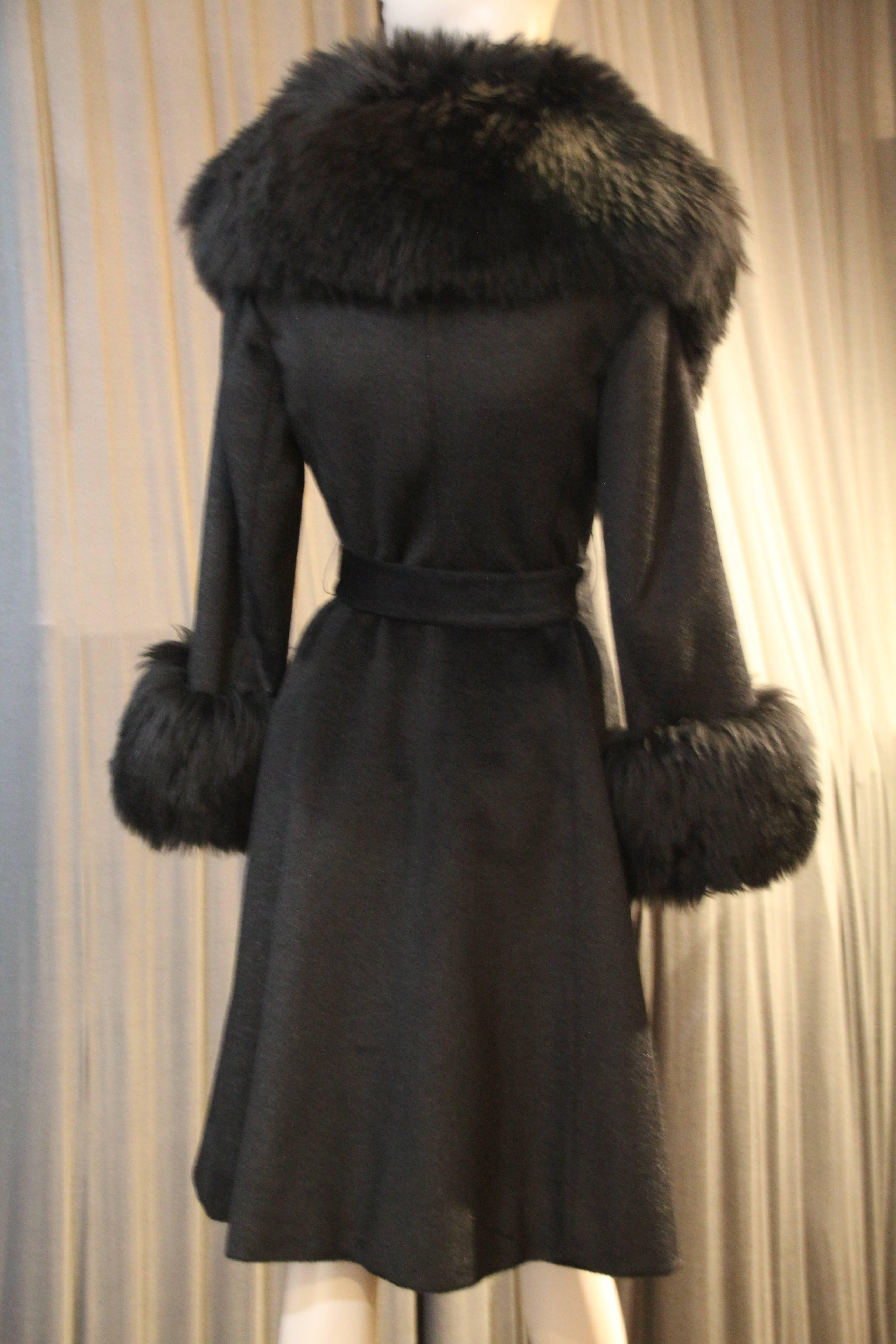 1960s Lilli Ann French Wool Belted Coat w Extravagant Sheepskin Collar and Cuffs In Excellent Condition In Gresham, OR
