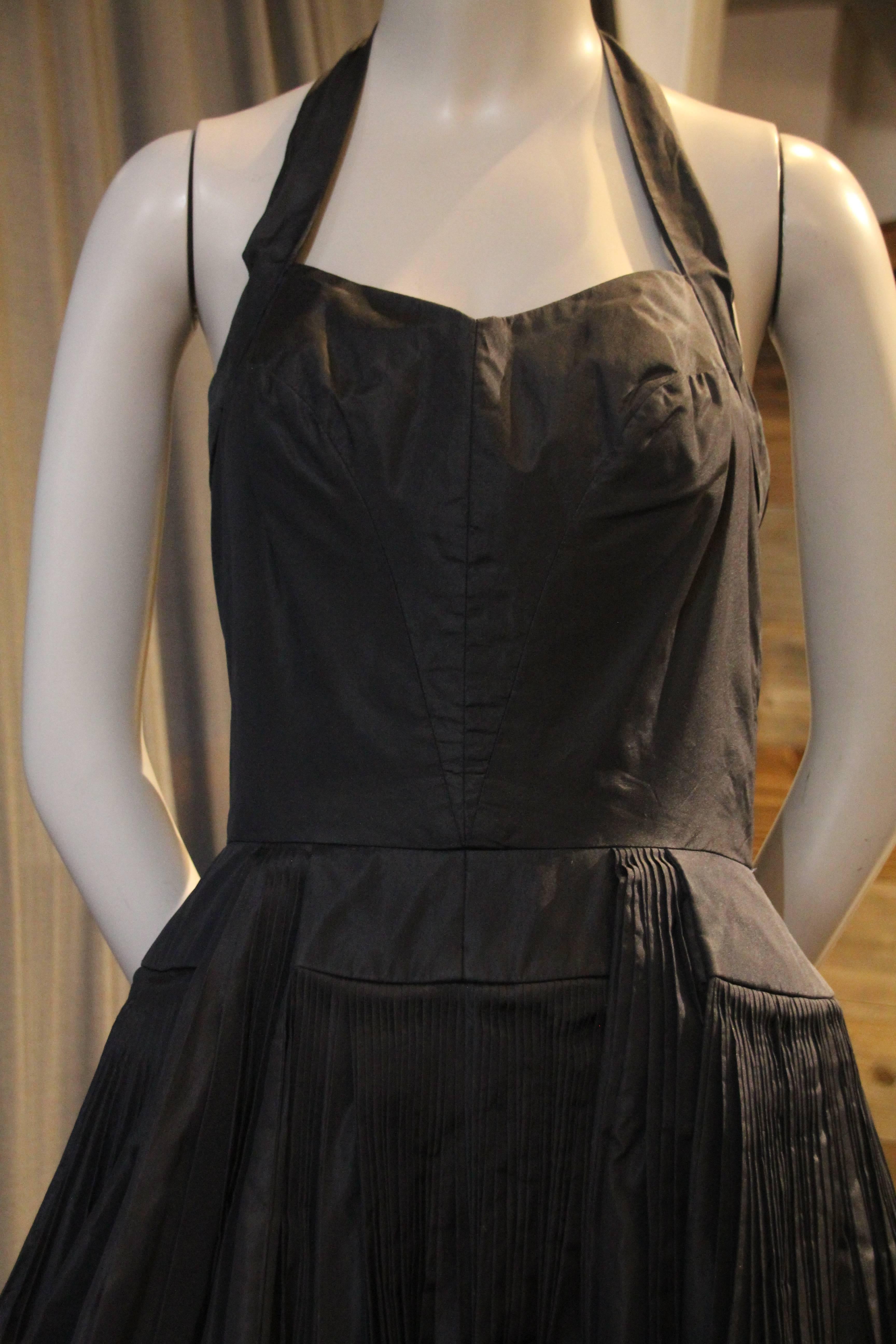 Black 1950s James Galanos Couture Knife Pleated Silk Taffeta Halter Cocktail Dress