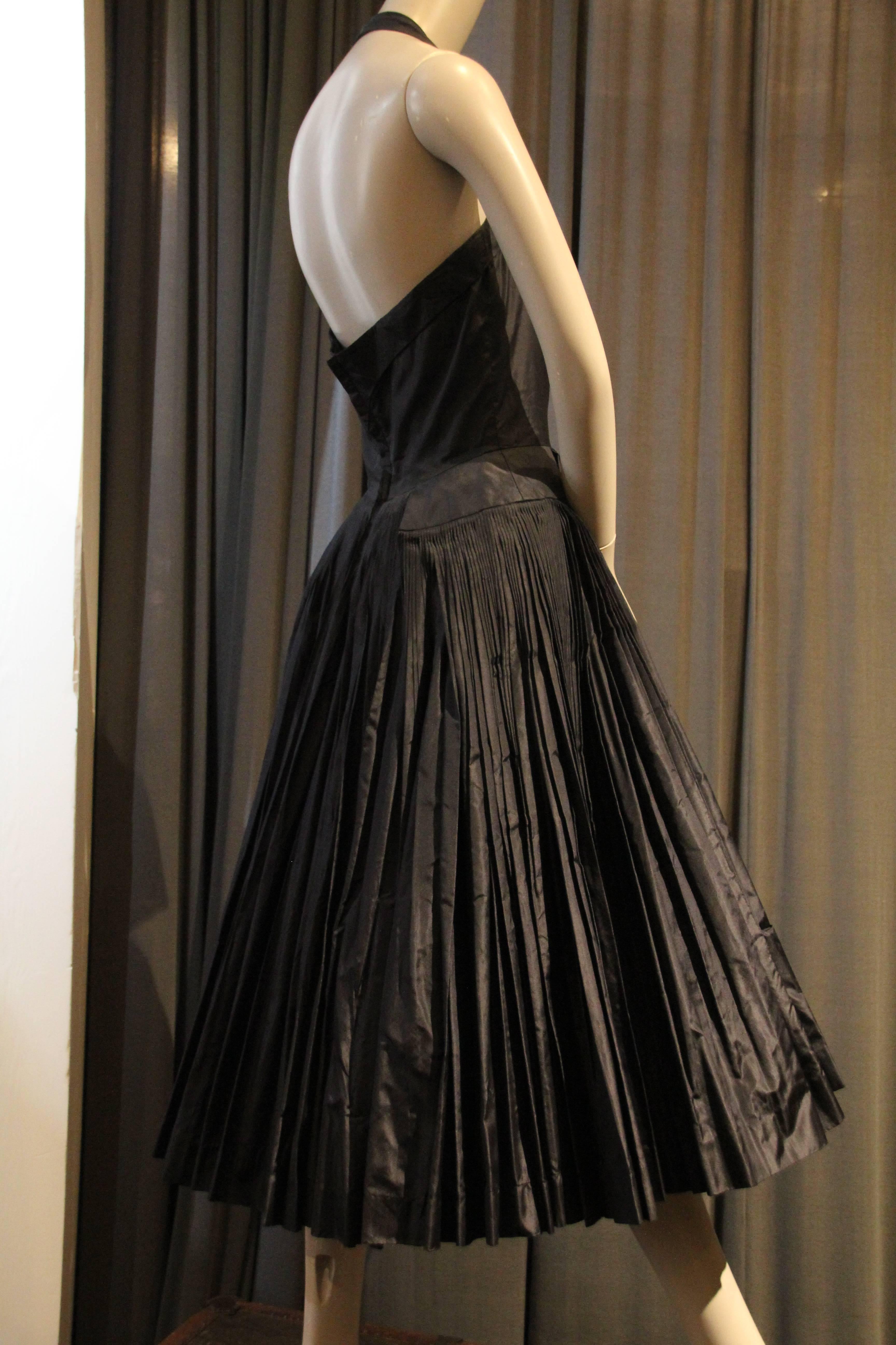 1950s James Galanos Couture Knife Pleated Silk Taffeta Halter Cocktail Dress In Excellent Condition In Gresham, OR
