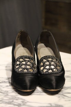 1920s Art Deco Black Silk Evening Pumps w Beautiful Marcasite Beading at Throat