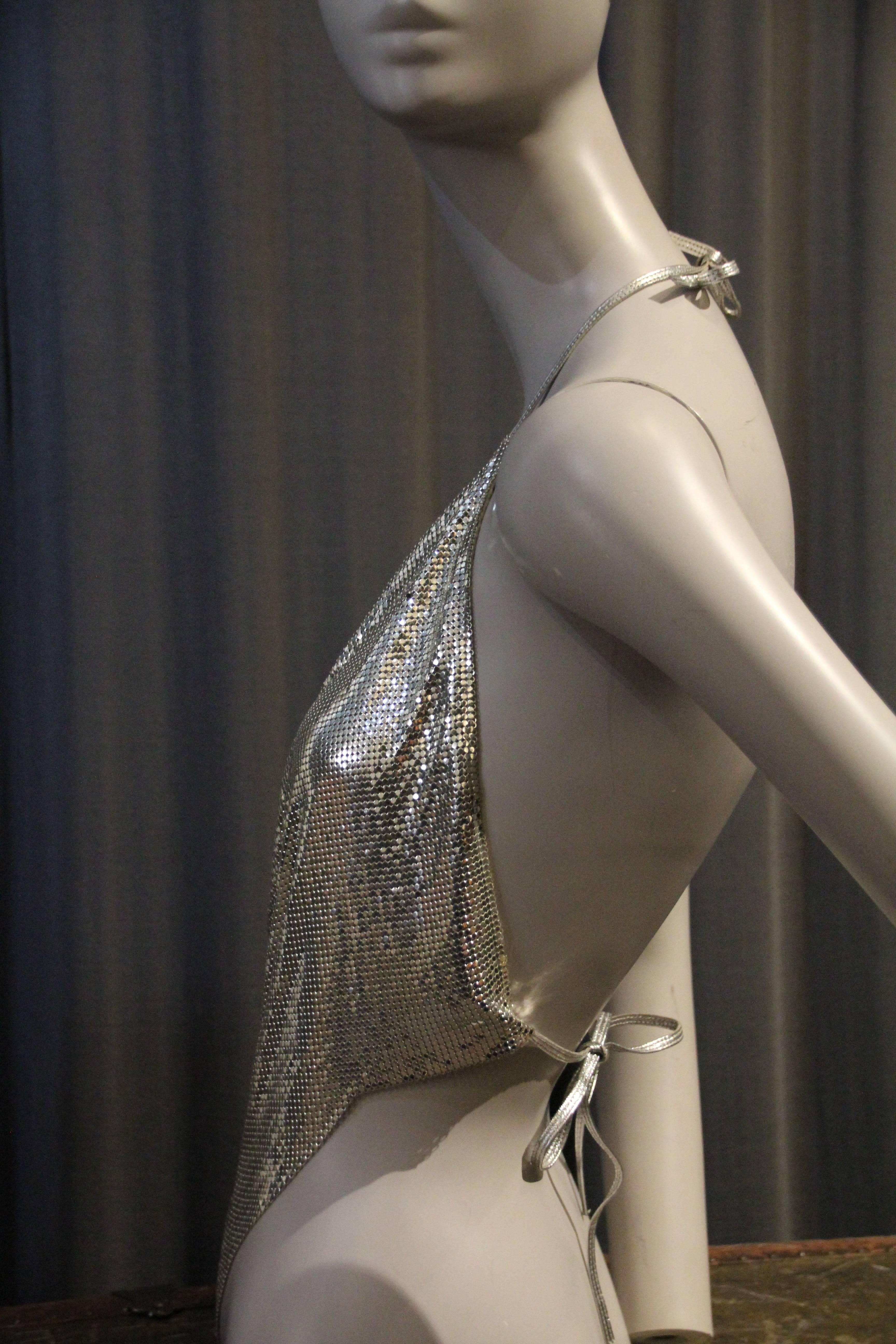 Brown 1970s Whiting and Davis Silver Metal Mesh and Leather Drape Halter Top