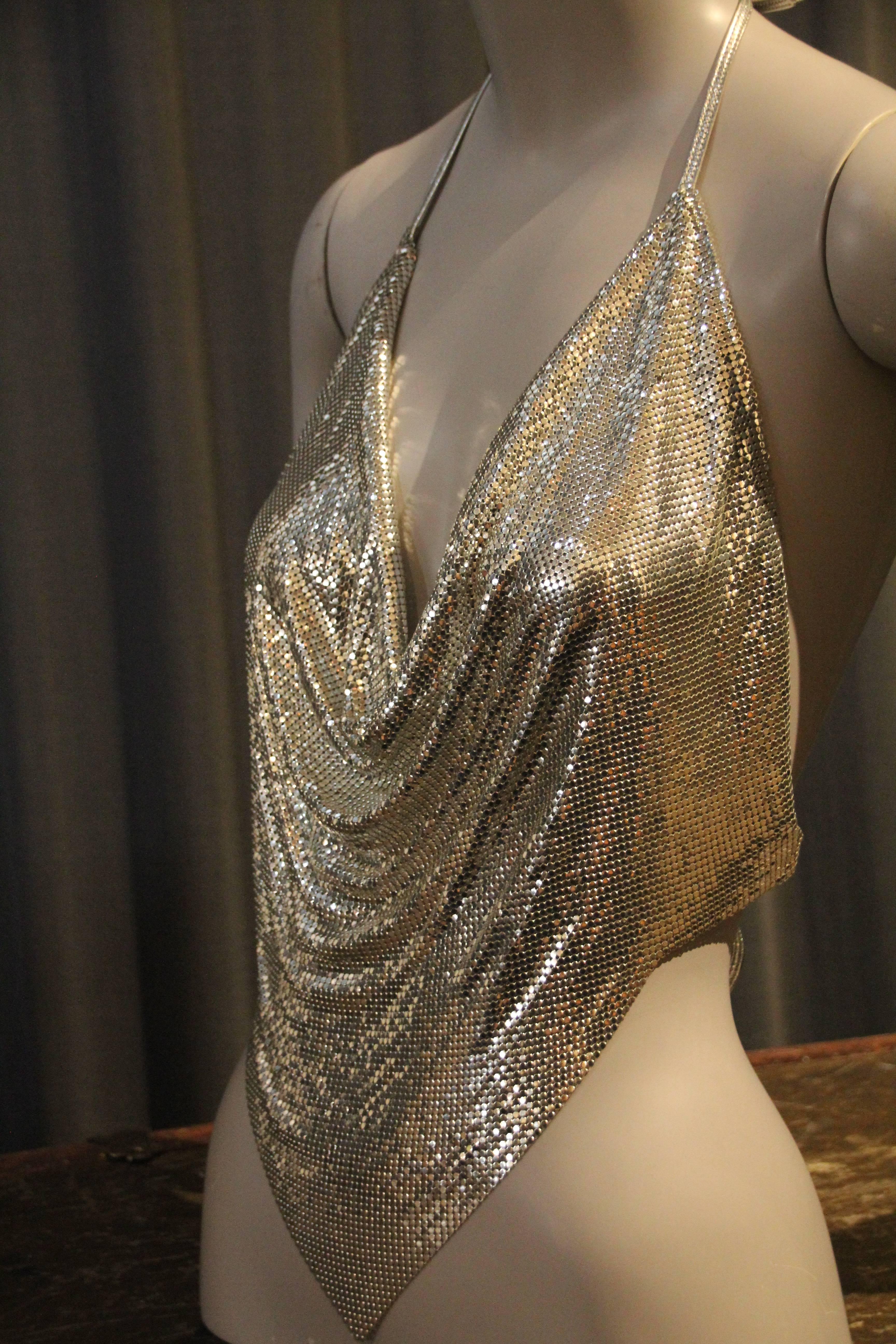 1970s Whiting and Davis Silver Metal Mesh and Leather Drape Halter Top In Excellent Condition In Gresham, OR
