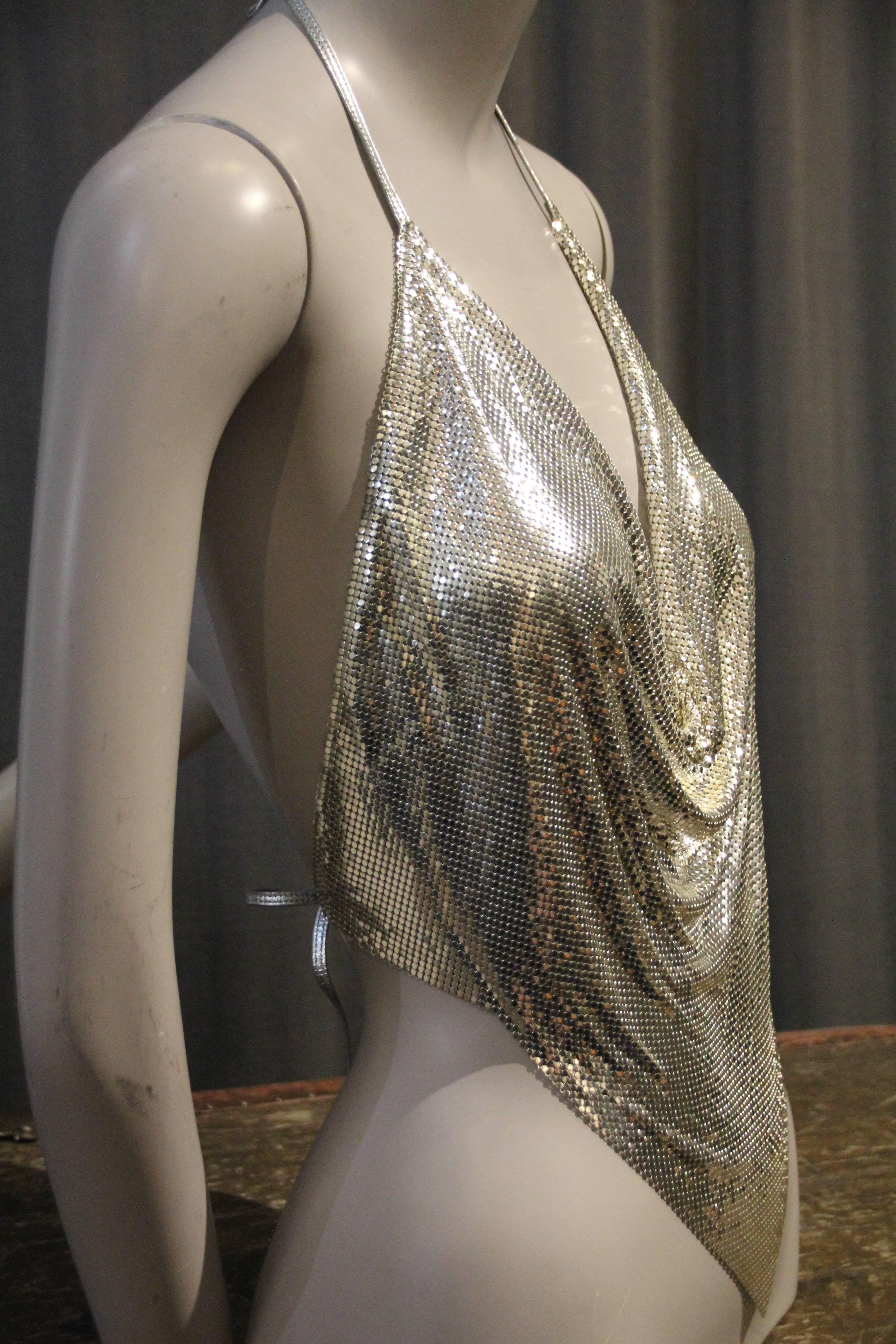 Women's 1970s Whiting and Davis Silver Metal Mesh and Leather Drape Halter Top