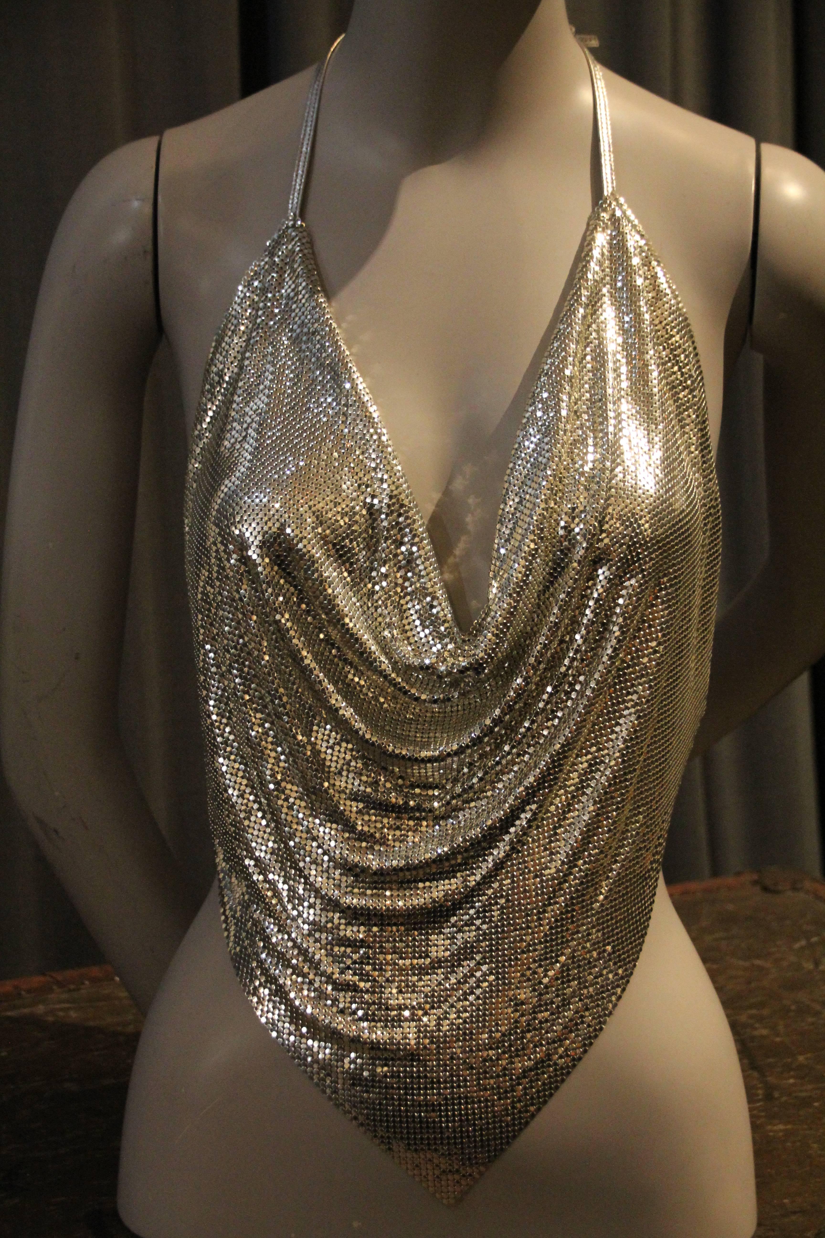 1970s Whiting and Davis Silver Metal Mesh and Leather Drape Halter Top 1