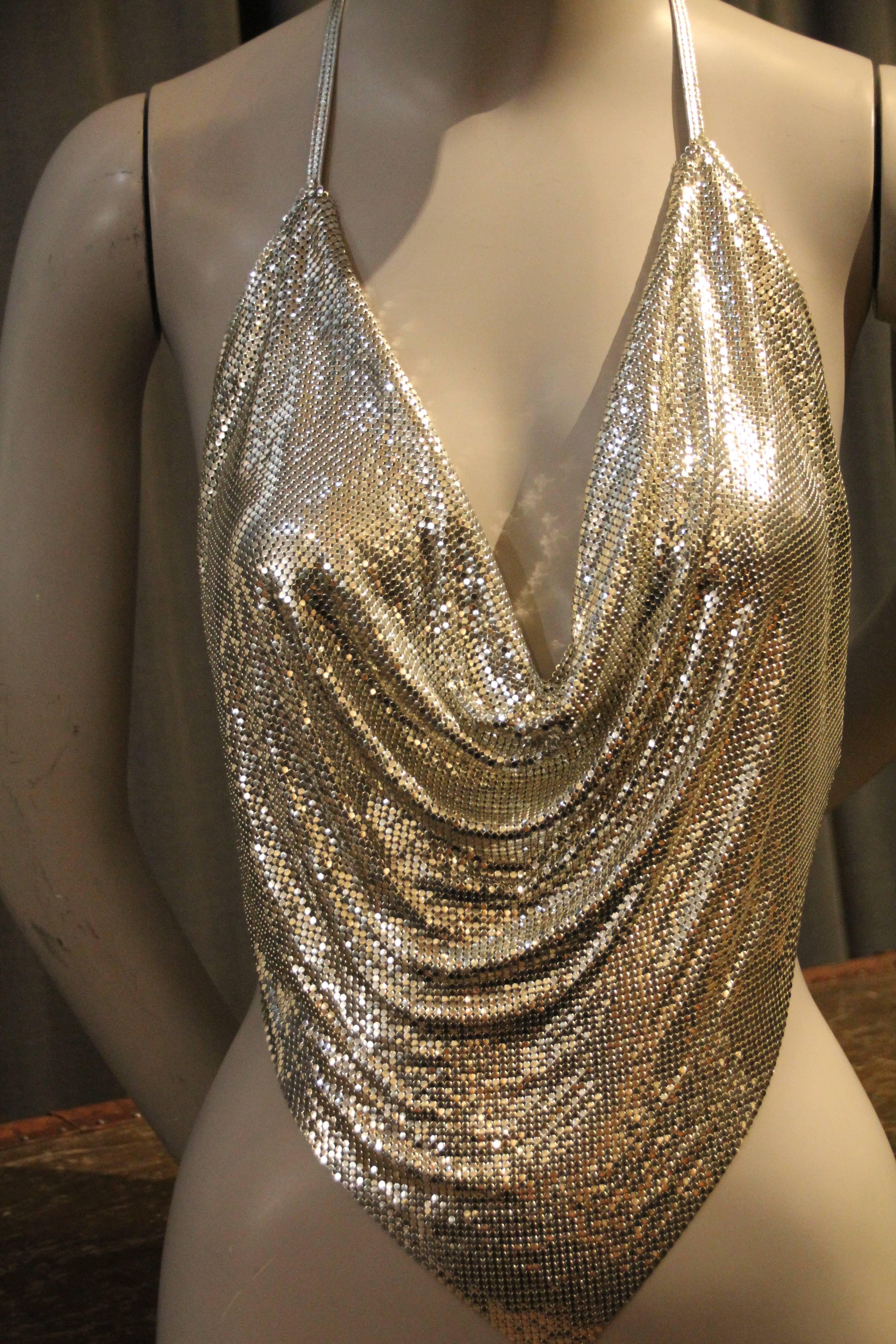 1970s Whiting and Davis Silver Metal Mesh and Leather Drape Halter Top 2