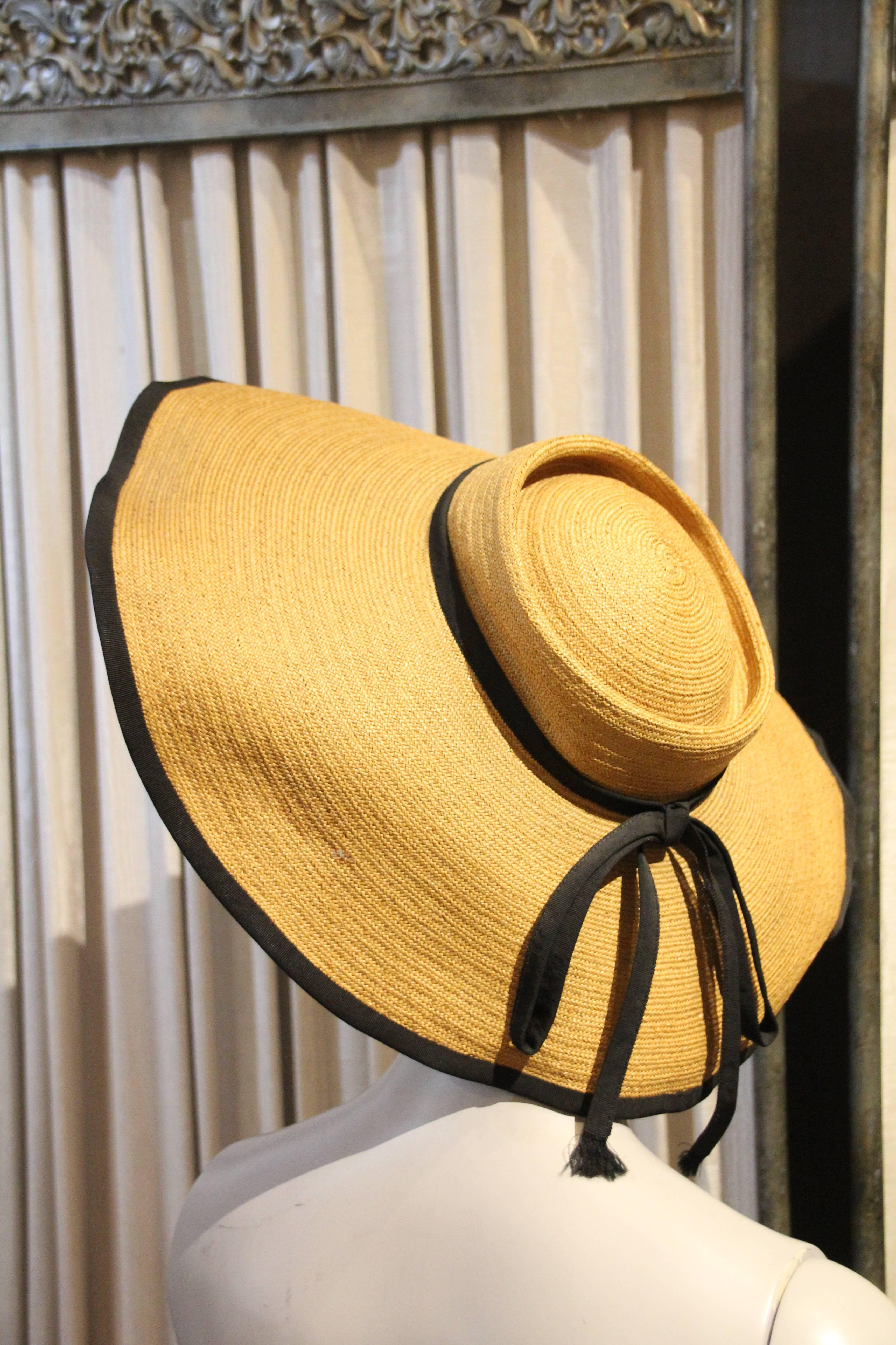 Orange 1950s Helene Dietsch Couture Wide Brim Straw Hat with Grosgrain Trim and Band