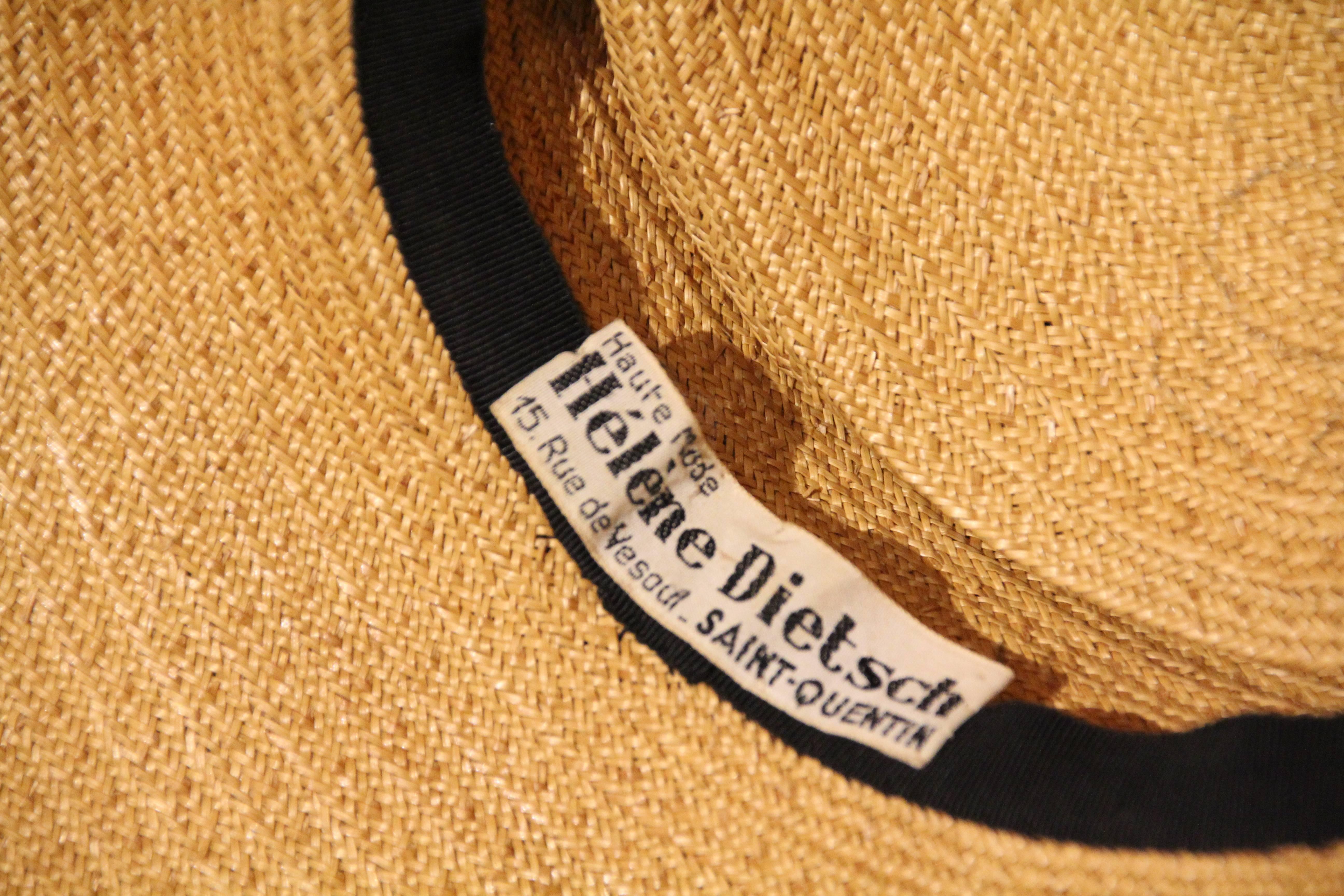 1950s Helene Dietsch Couture Wide Brim Straw Hat with Grosgrain Trim and Band In Excellent Condition In Gresham, OR