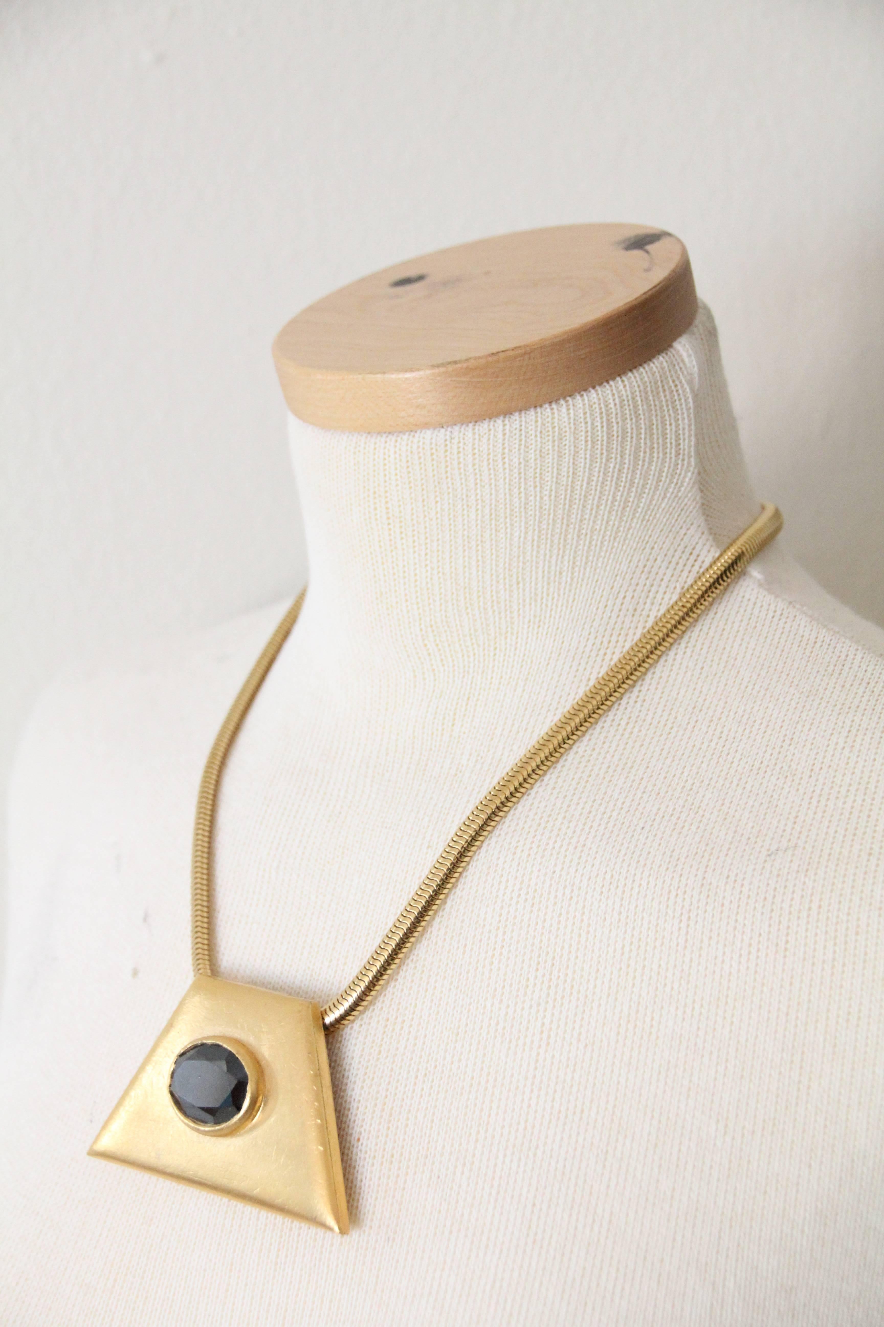 Egyptian Revival 1980s YSL Egyptian-Inspired Brushed Gold-Tone Pendant w Hematite and Chain