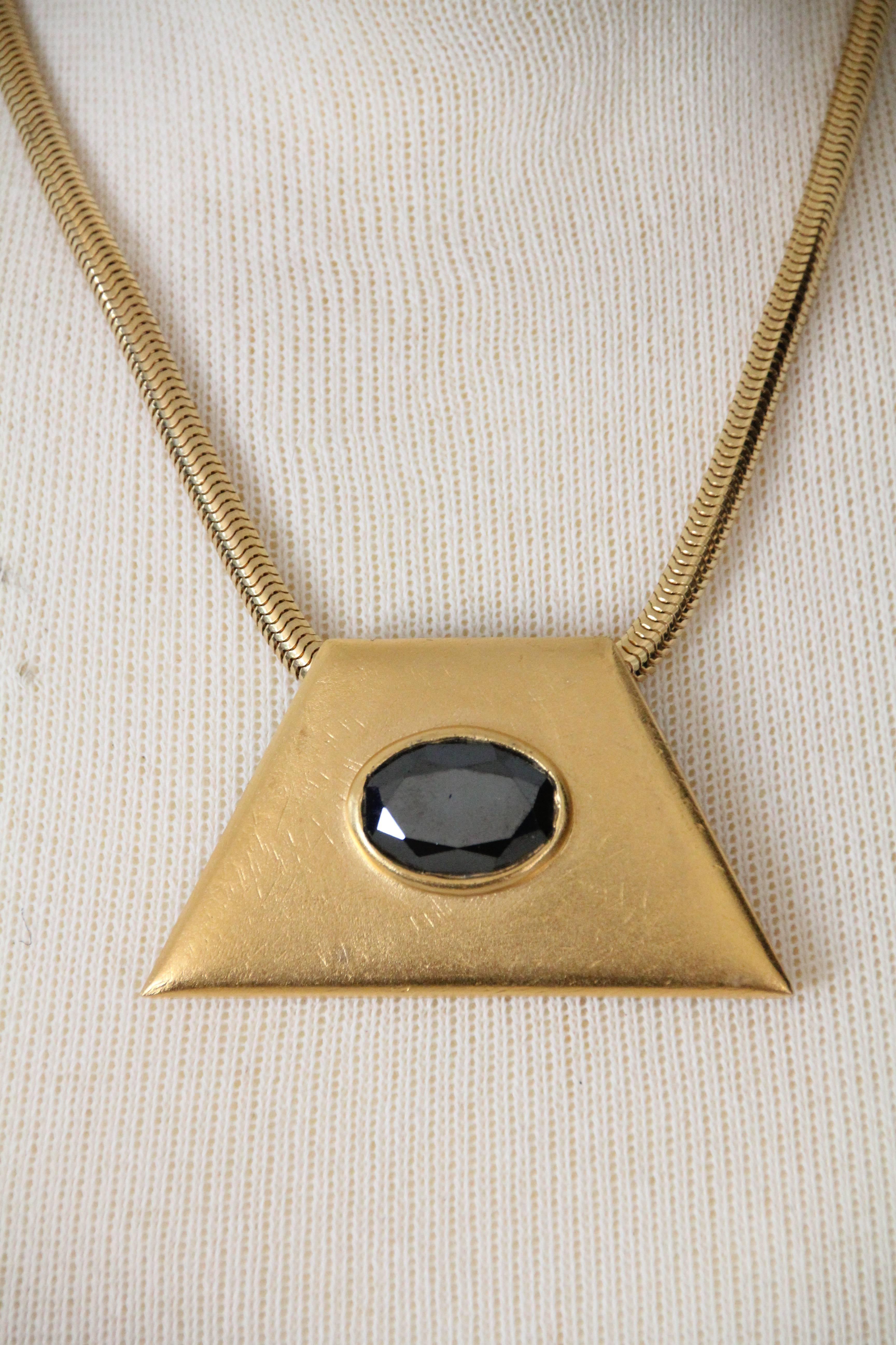 Women's or Men's 1980s YSL Egyptian-Inspired Brushed Gold-Tone Pendant w Hematite and Chain