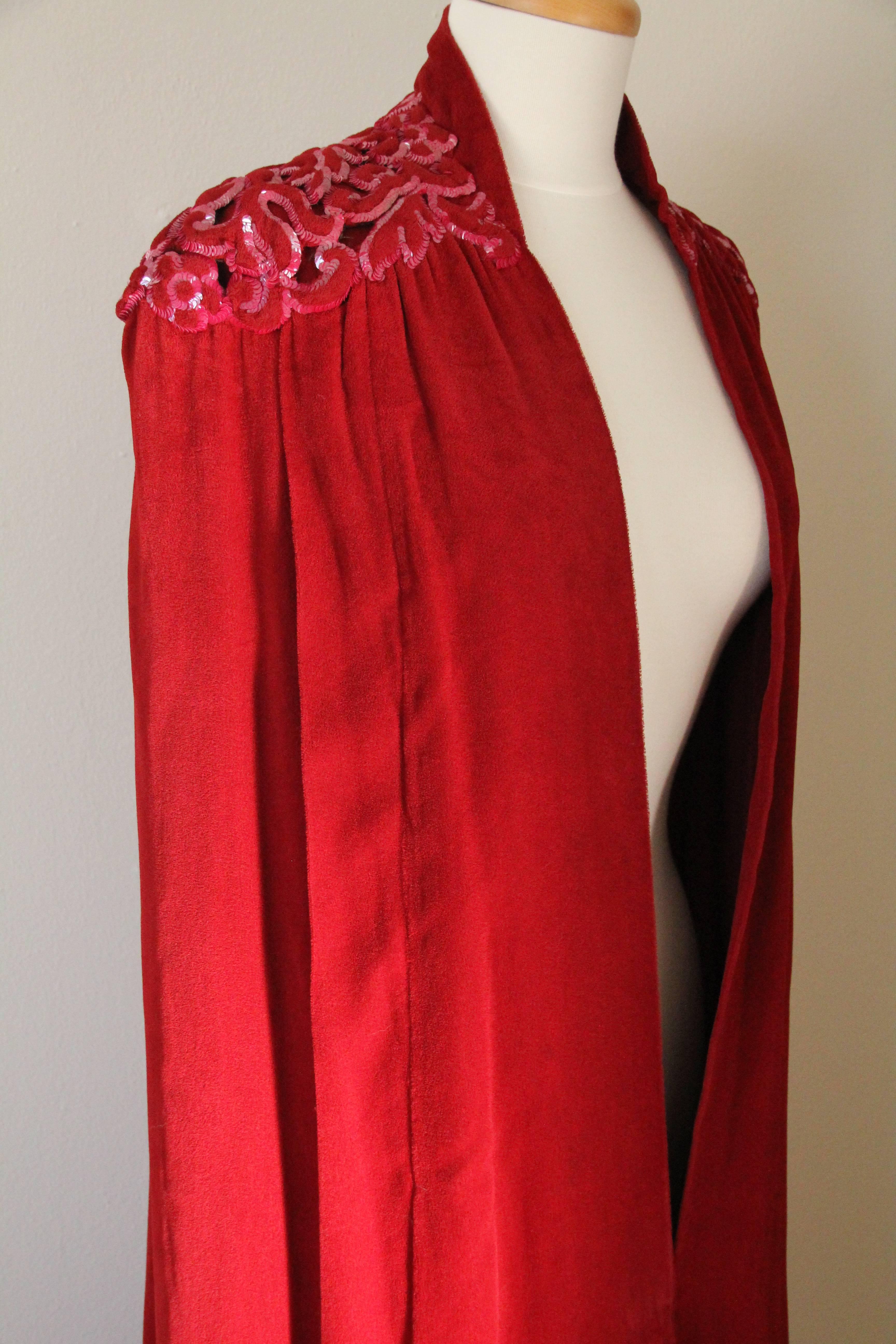 1930s Crimson Velvet Couture Cape w Trapunto Stitched and Sequined Shoulders 1