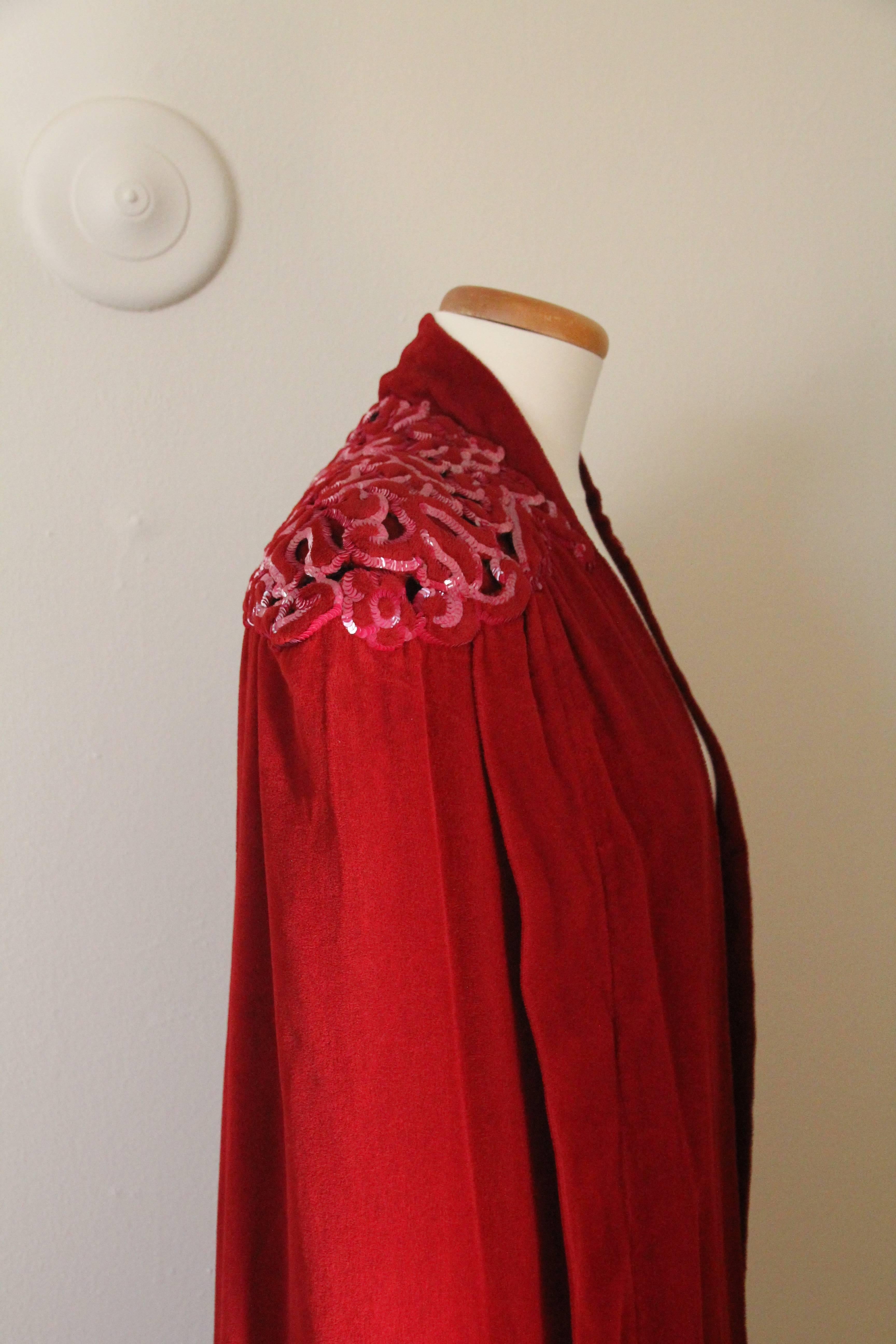 1930s Crimson Velvet Couture Cape w Trapunto Stitched and Sequined Shoulders 2