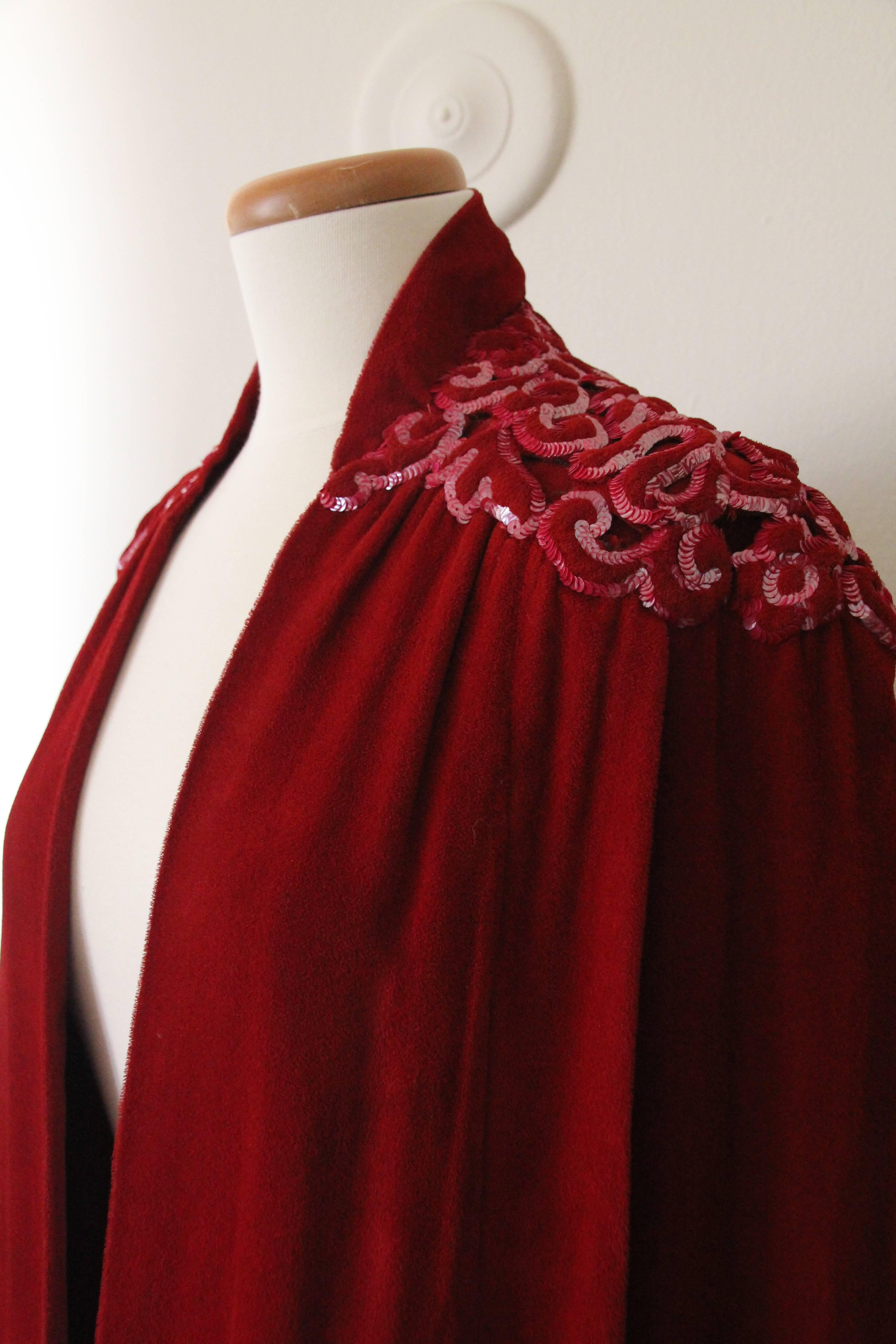 1930s Crimson Velvet Couture Cape w Trapunto Stitched and Sequined Shoulders 4