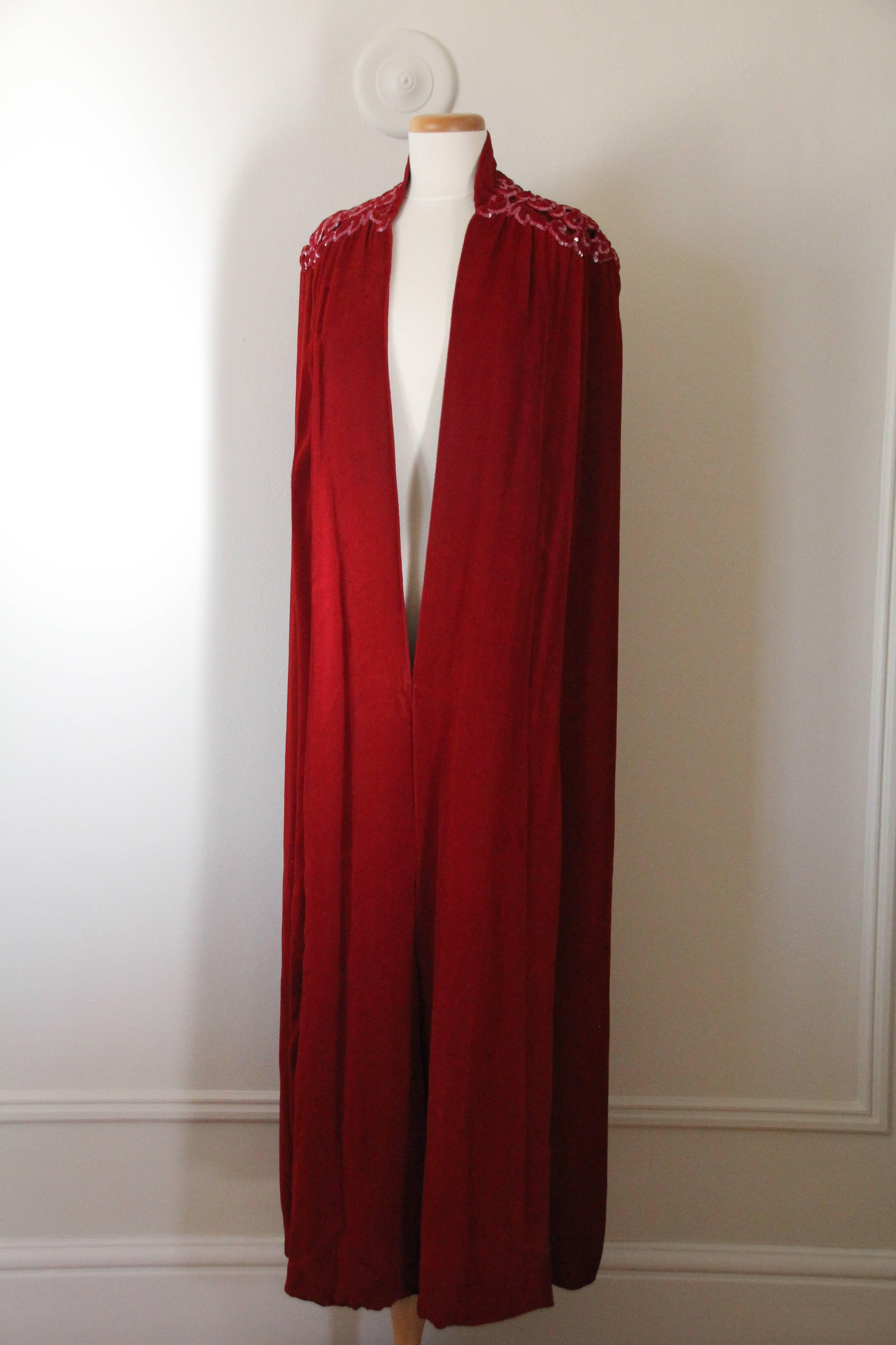 1930s Crimson Velvet Couture Cape w Trapunto Stitched and Sequined Shoulders 3