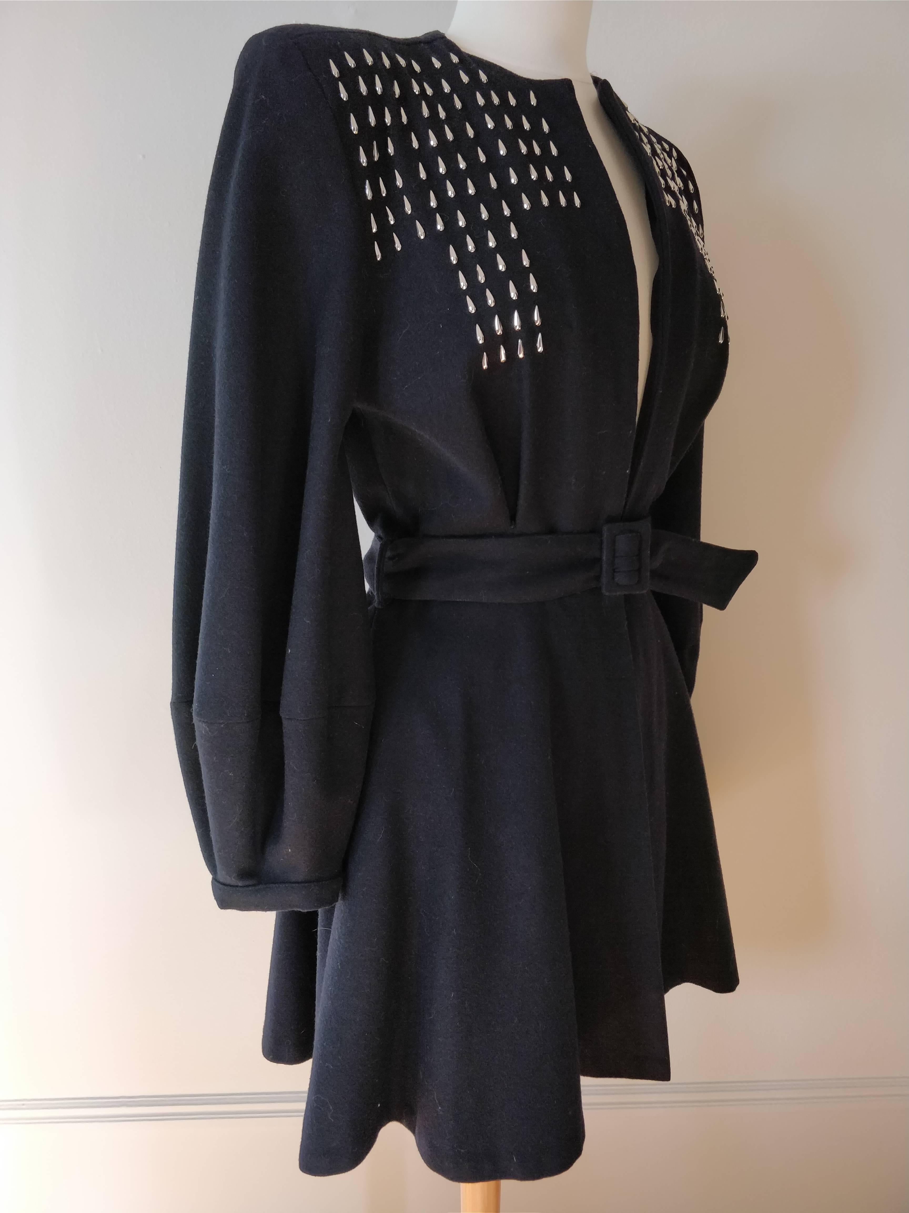 Women's 1940s Black Wool Fit and Flare Jacket w Teardrop Silver Studs and Balloon Sleeve