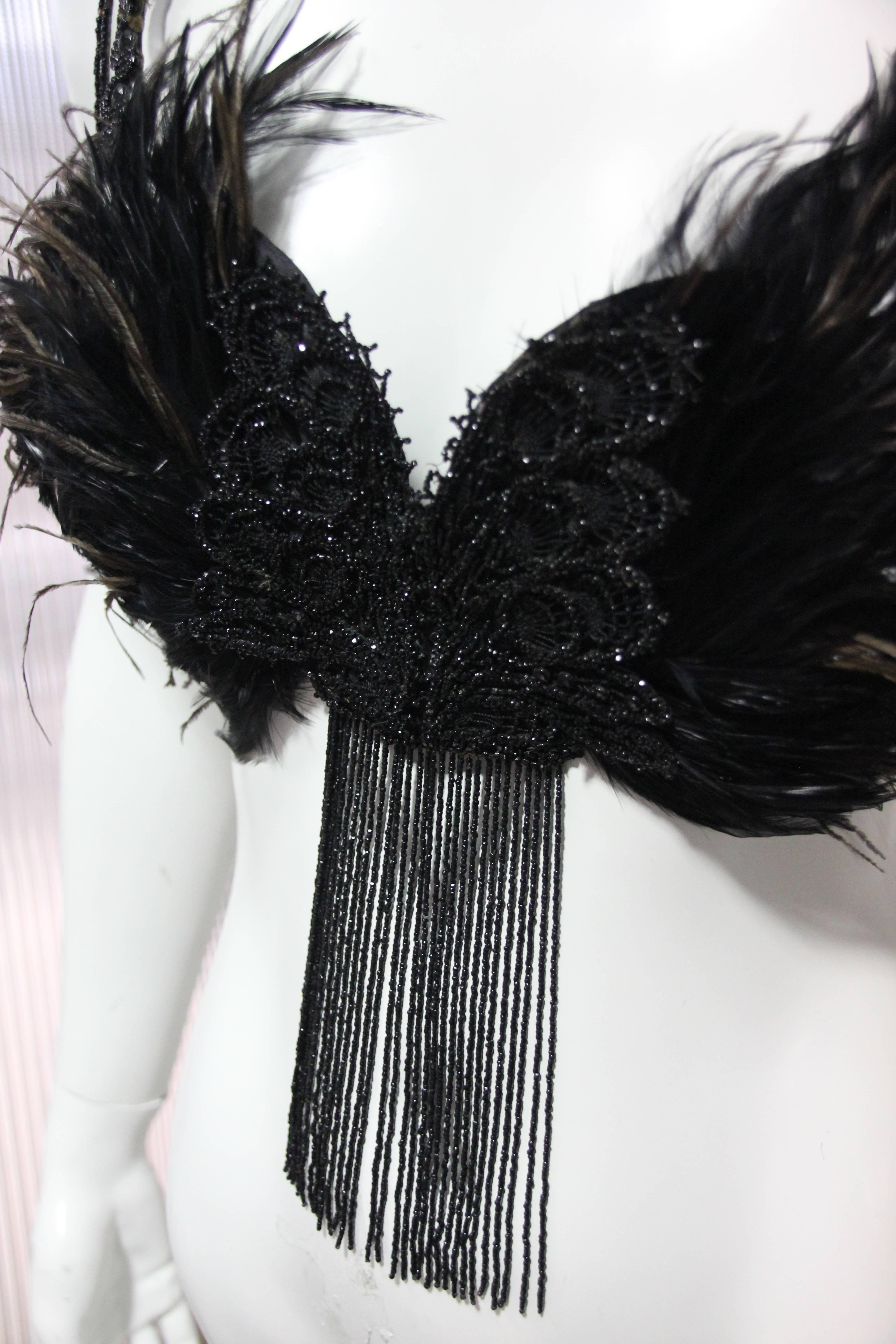 Women's Burlesque Bralette Constructed of Victorian Jet Beadwork and Fringe & Feathers