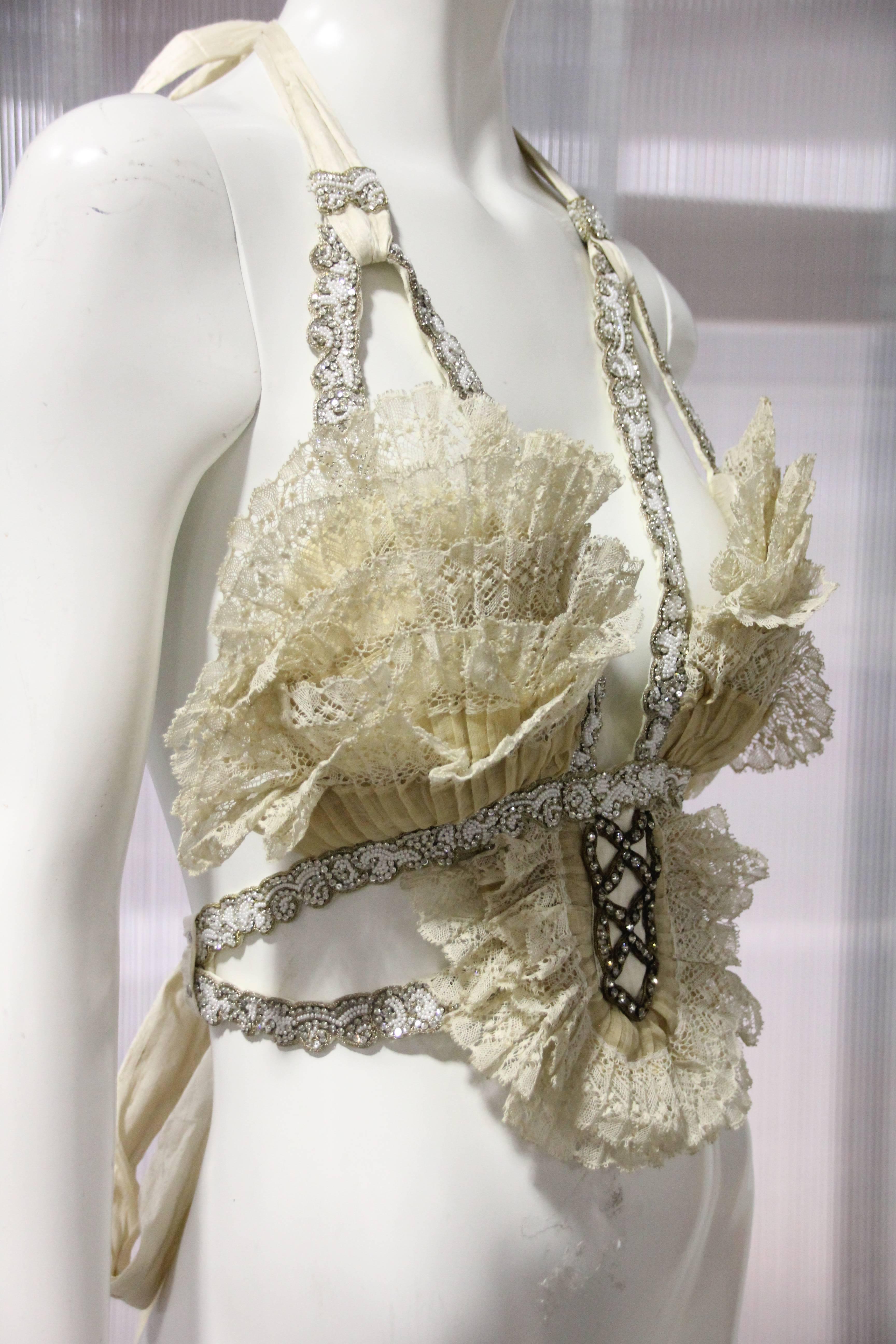Brown Abbreviated Victorian Cream Pleated Lace Bustier with Silk Ties at Back