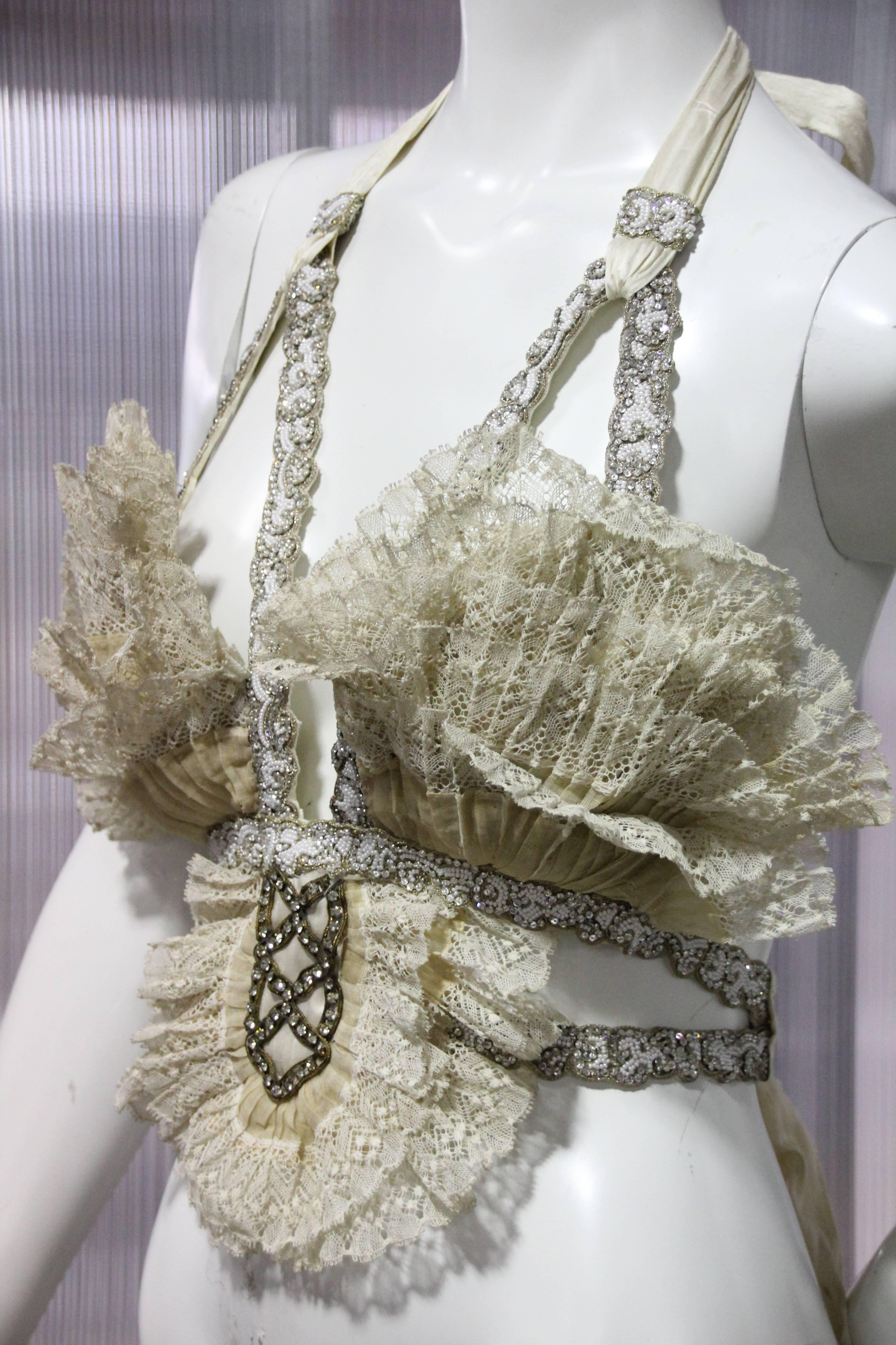 Women's Abbreviated Victorian Cream Pleated Lace Bustier with Silk Ties at Back