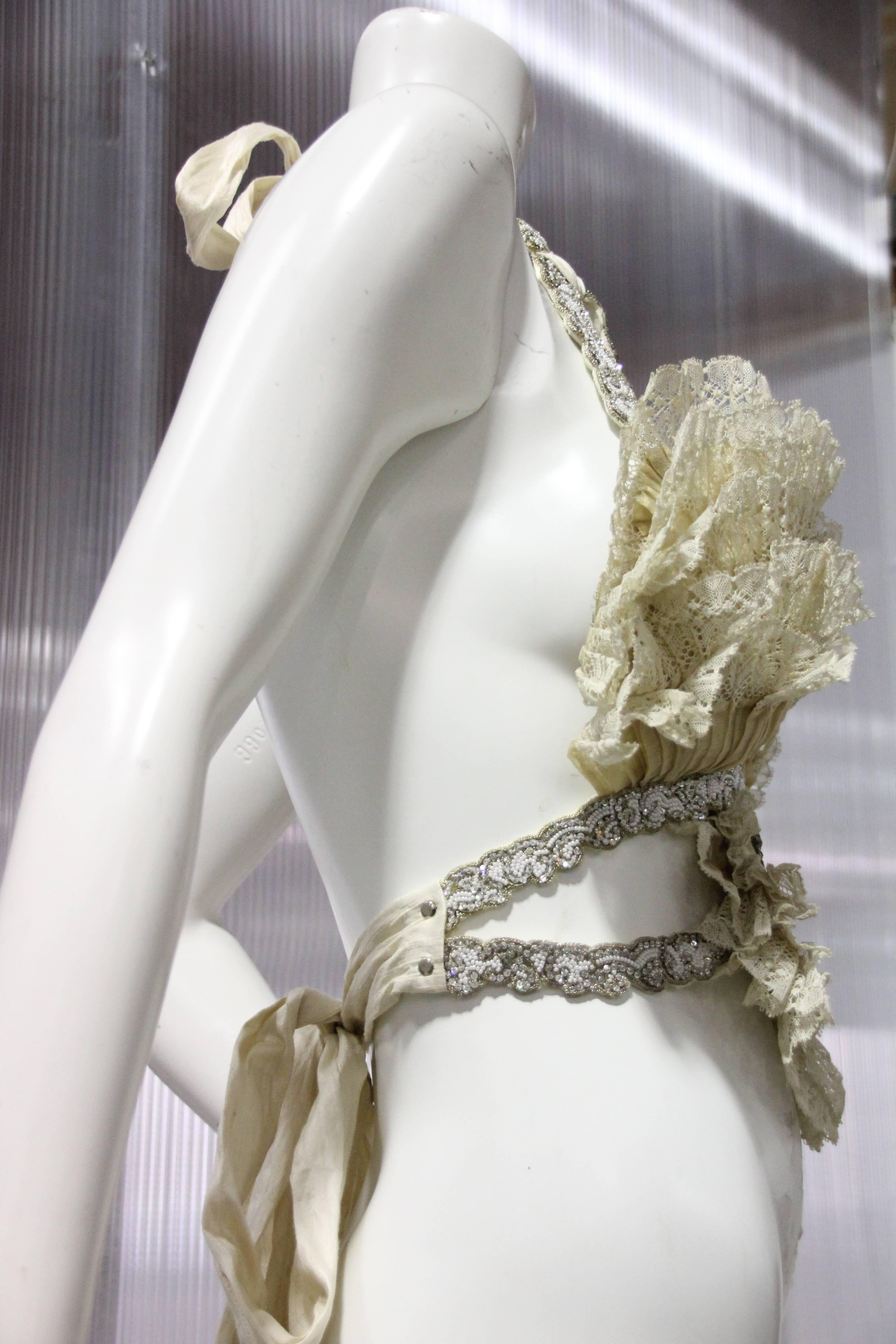 Abbreviated Victorian Cream Pleated Lace Bustier with Silk Ties at Back 2
