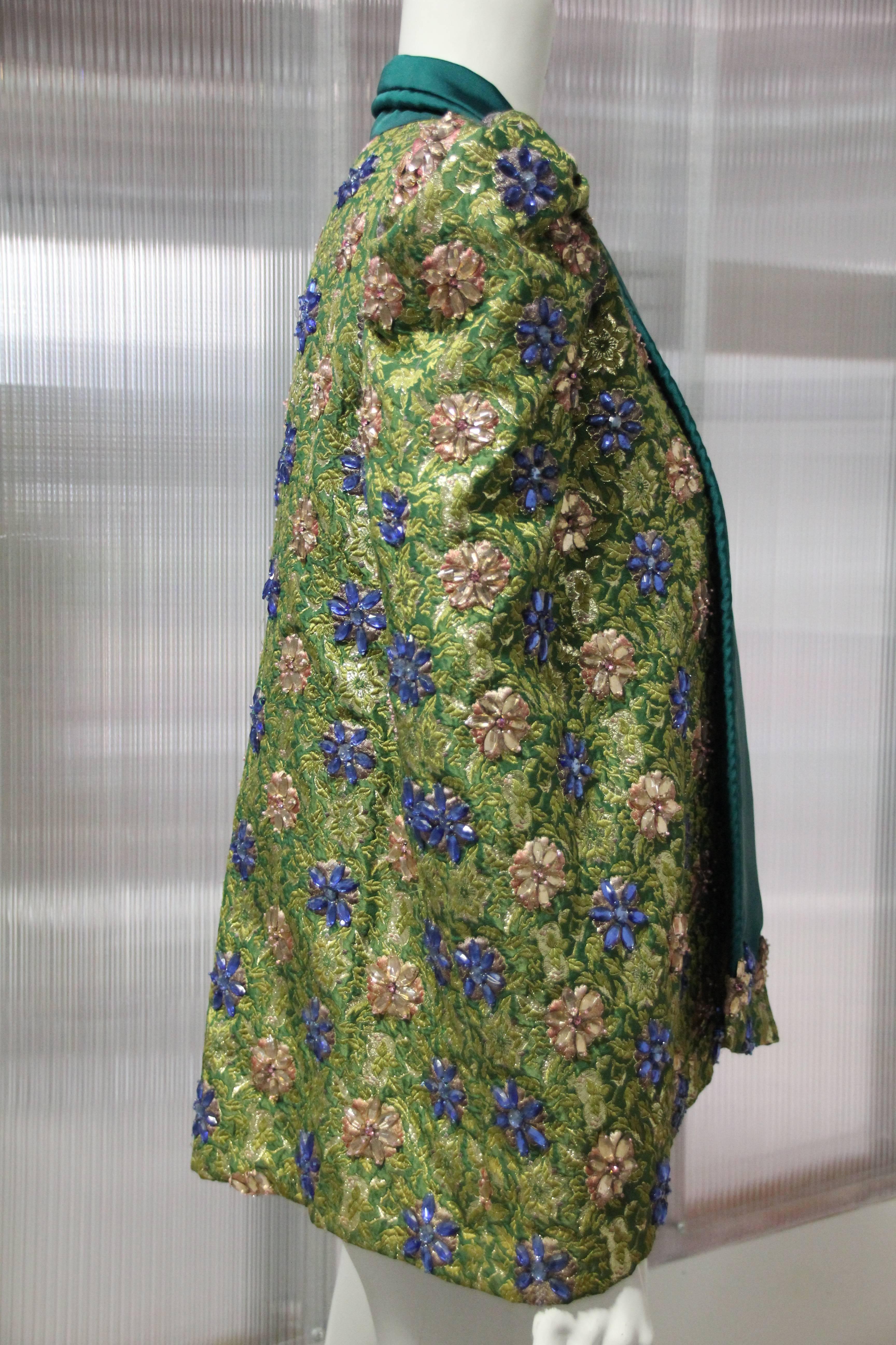 Women's 1950s Couture Emerald Silk Brocade Evening Cape with Jeweled Flowers