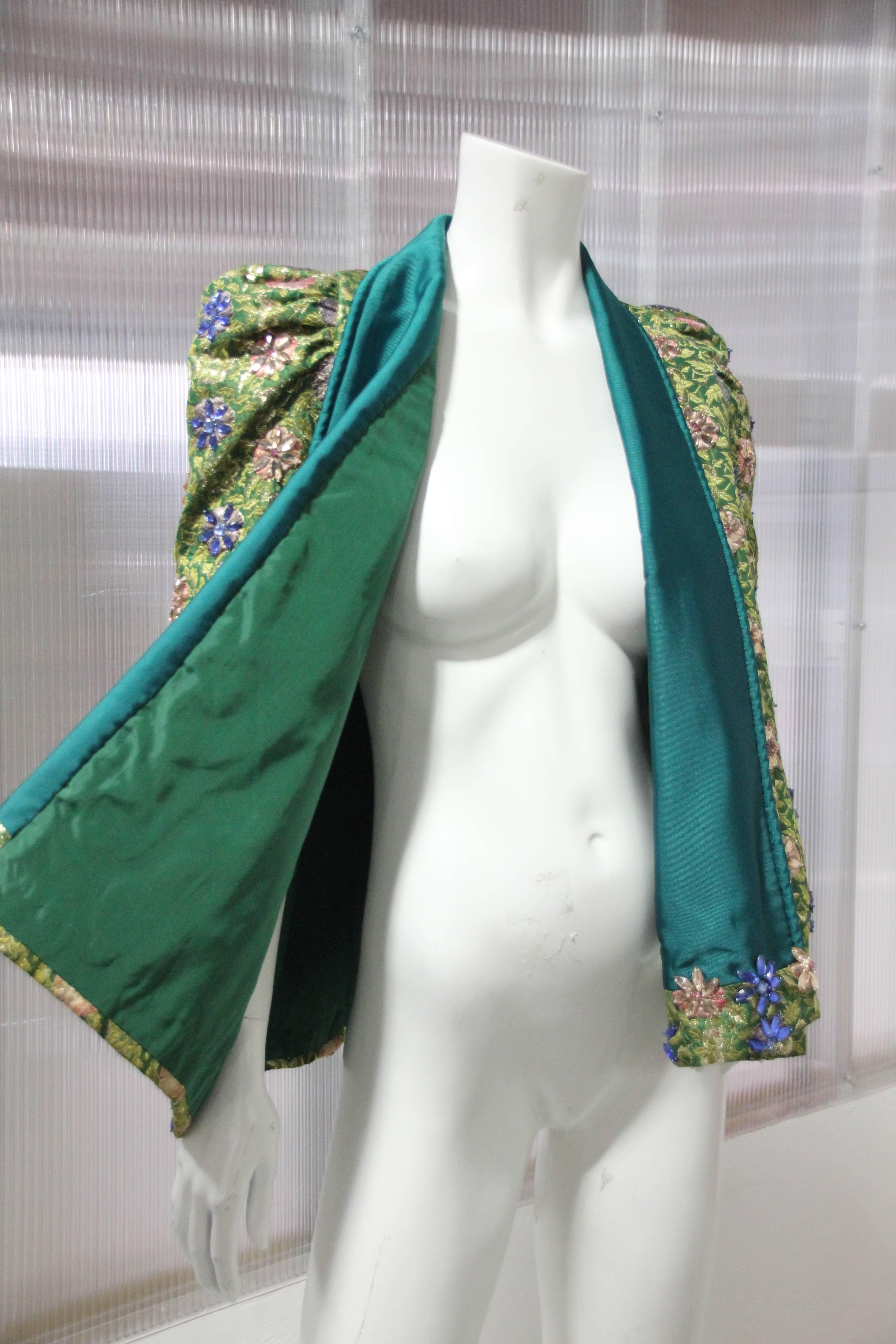 1950s Couture Emerald Silk Brocade Evening Cape with Jeweled Flowers 2