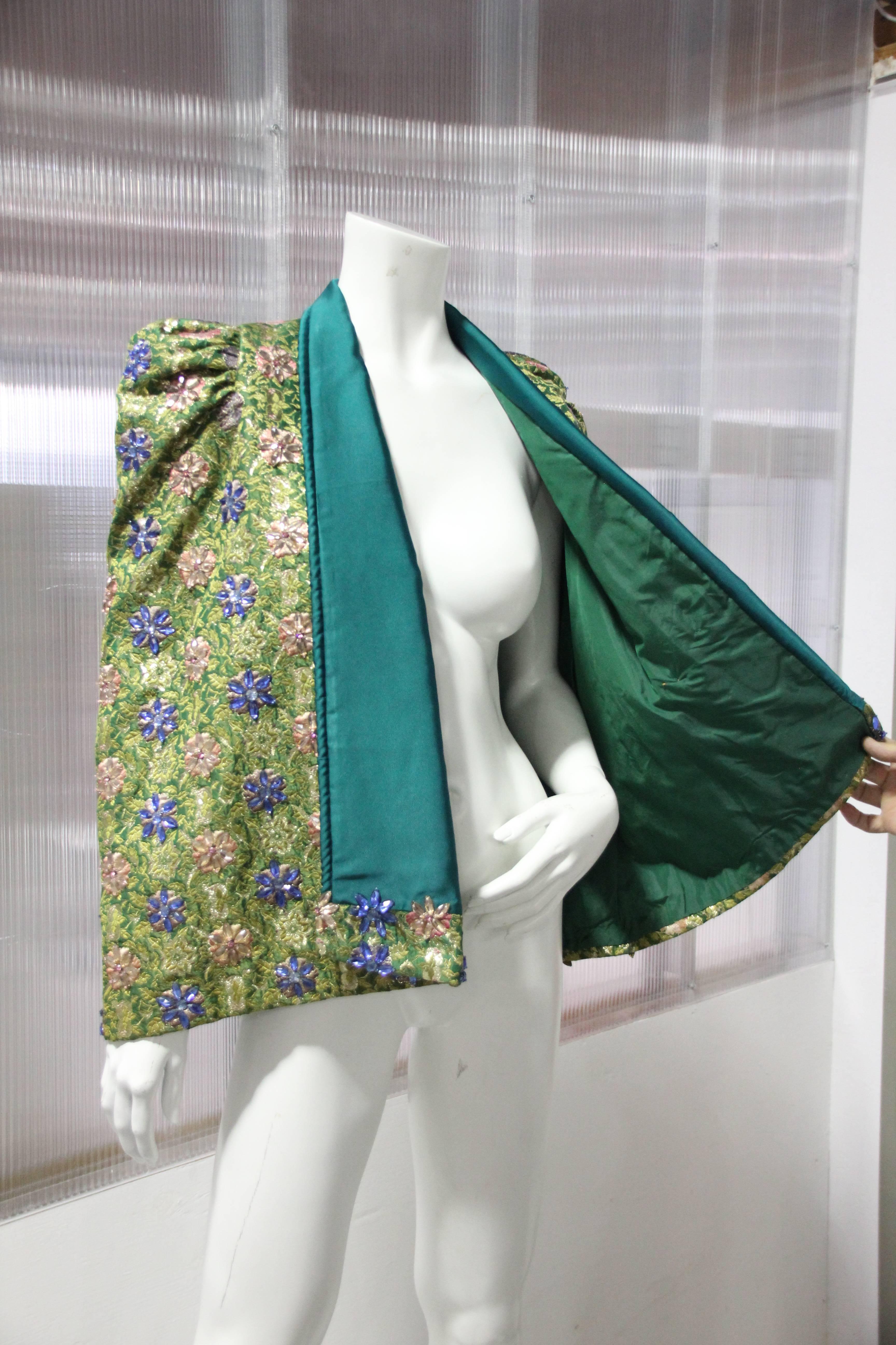 1950s Couture Emerald Silk Brocade Evening Cape with Jeweled Flowers 3
