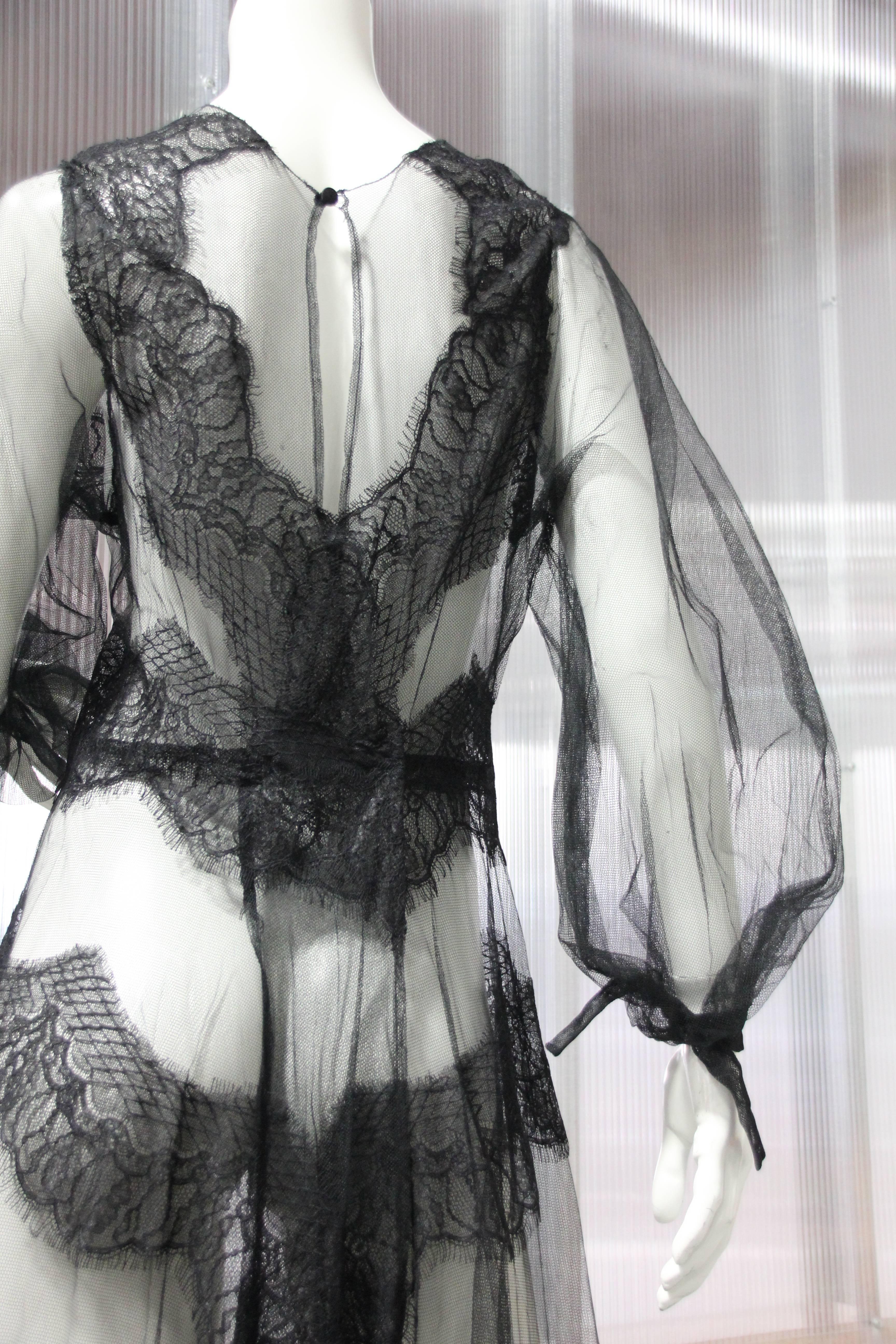 Black Net and Lace Peignoir with Balloon Sleeves and Deep-Cut Back Closure  1