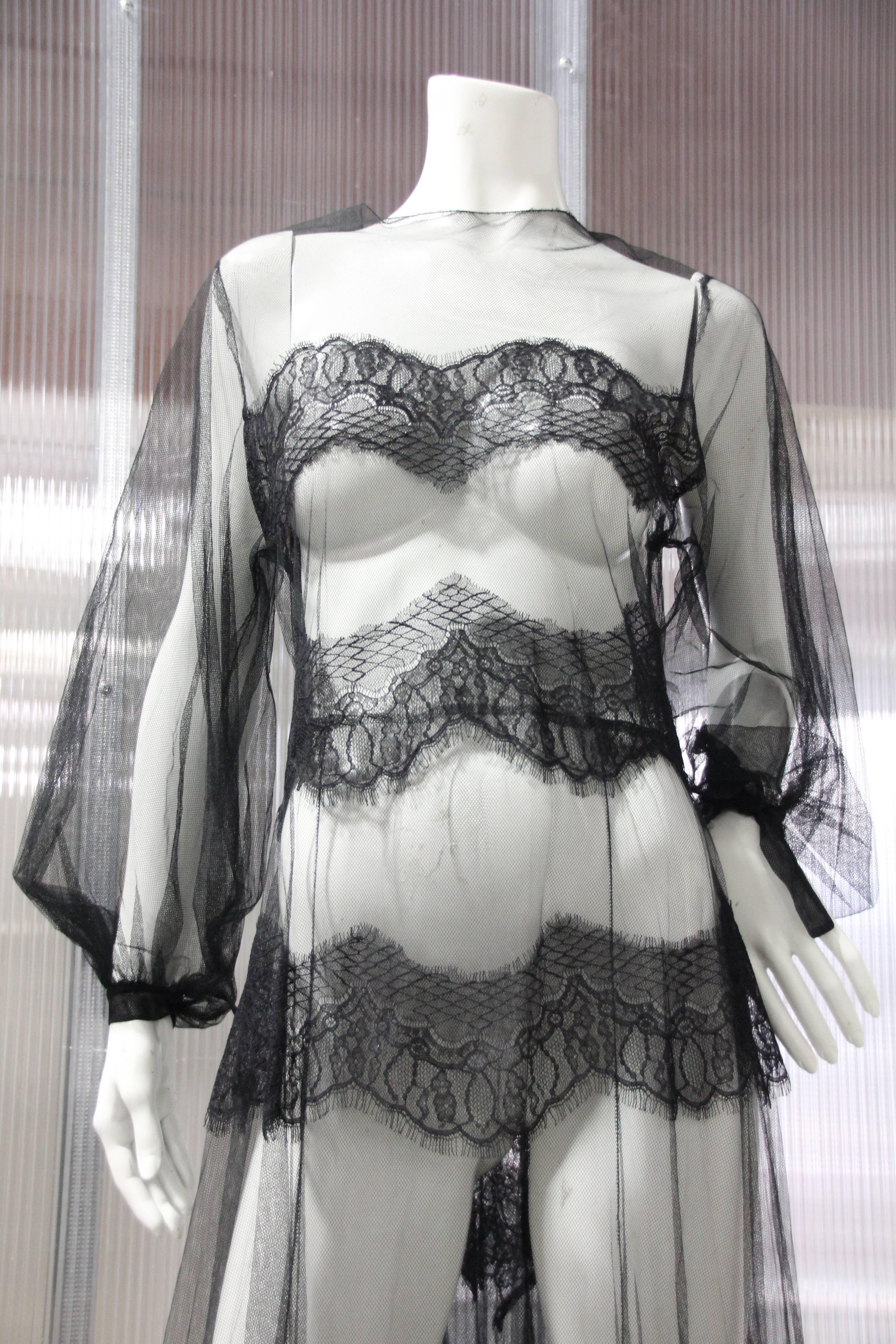 Black Net and Lace Peignoir with Balloon Sleeves and Deep-Cut Back Closure  4